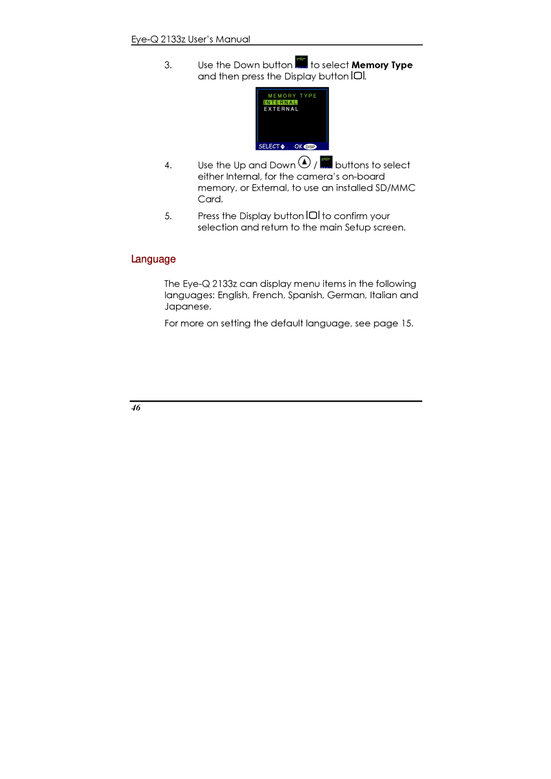 Concord Camera Eye-Q 2133z manual Language 