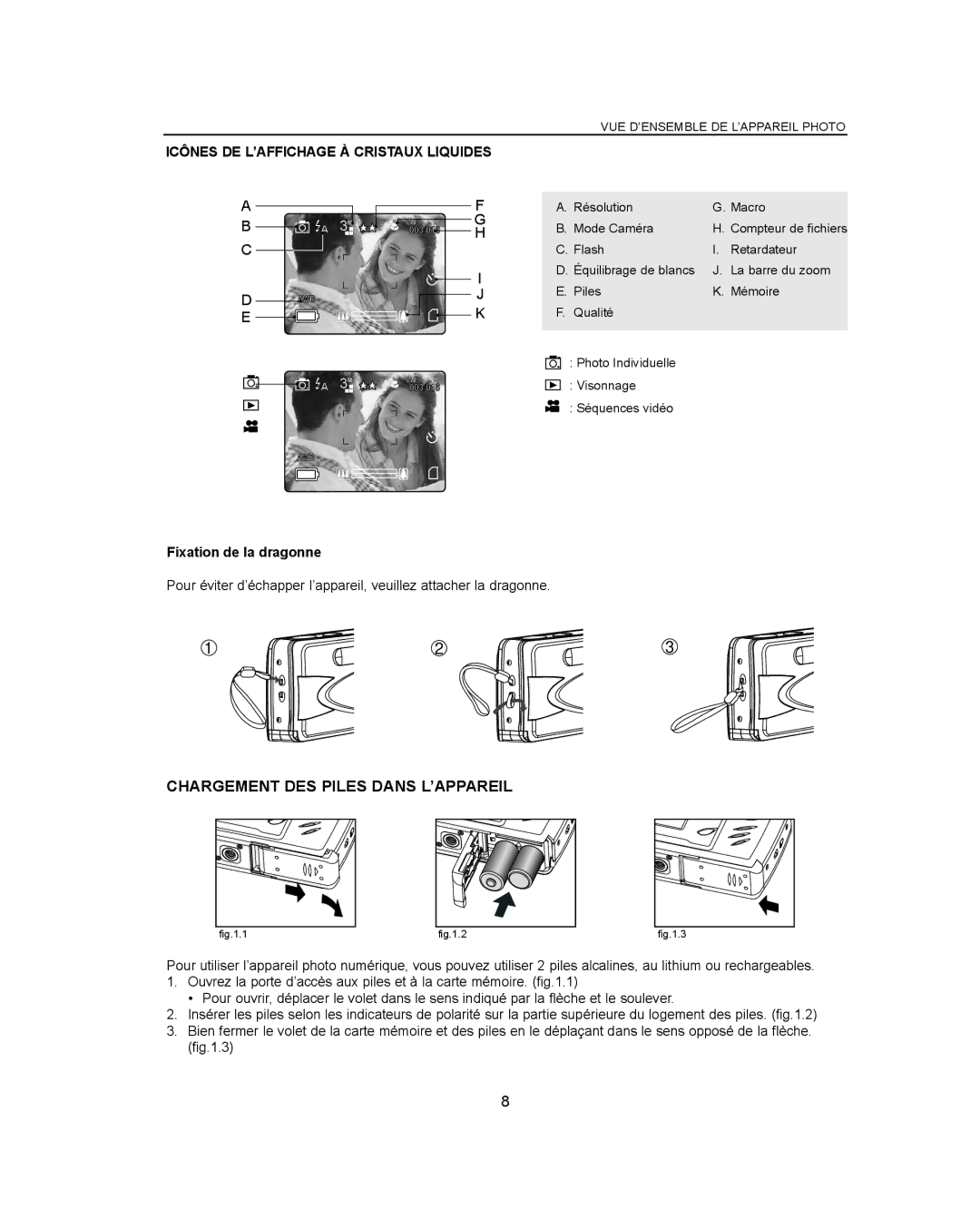 Concord Camera Eye-Q 3042AF manual Chargement DES Piles Dans L’APPAREIL, Icônes DE L’AFFICHAGE À Cristaux Liquides 