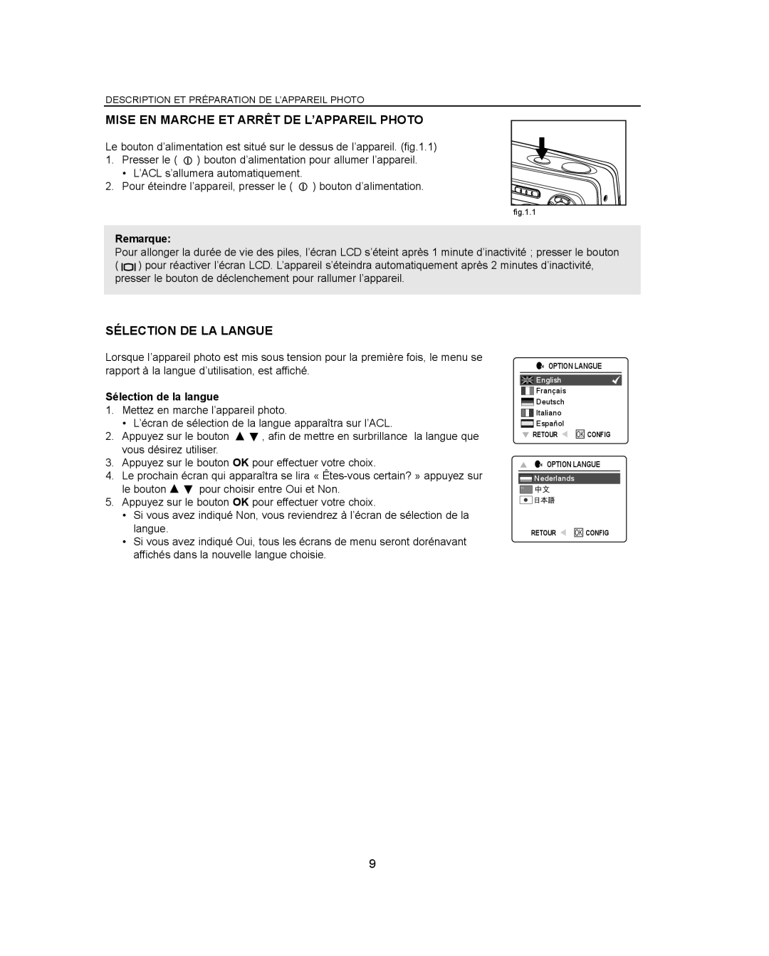 Concord Camera Eye-Q 3042AF manual Mise EN Marche ET Arrêt DE L’APPAREIL Photo, Sélection DE LA Langue, Remarque 