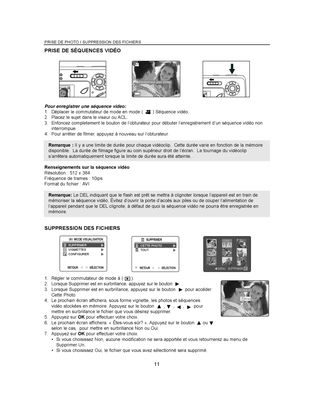 Concord Camera Eye-Q 3042AF manual Prise DE Séquences Vidéo, Suppression DES Fichiers, Pour enregistrer une séquence video 