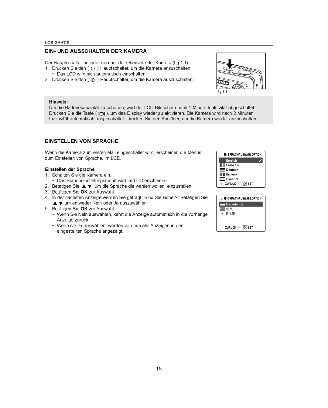 Concord Camera Eye-Q 3042AF manual EIN- UND Ausschalten DER Kamera, Einstellen VON Sprache, Hinweis, Einstellen der Sprache 