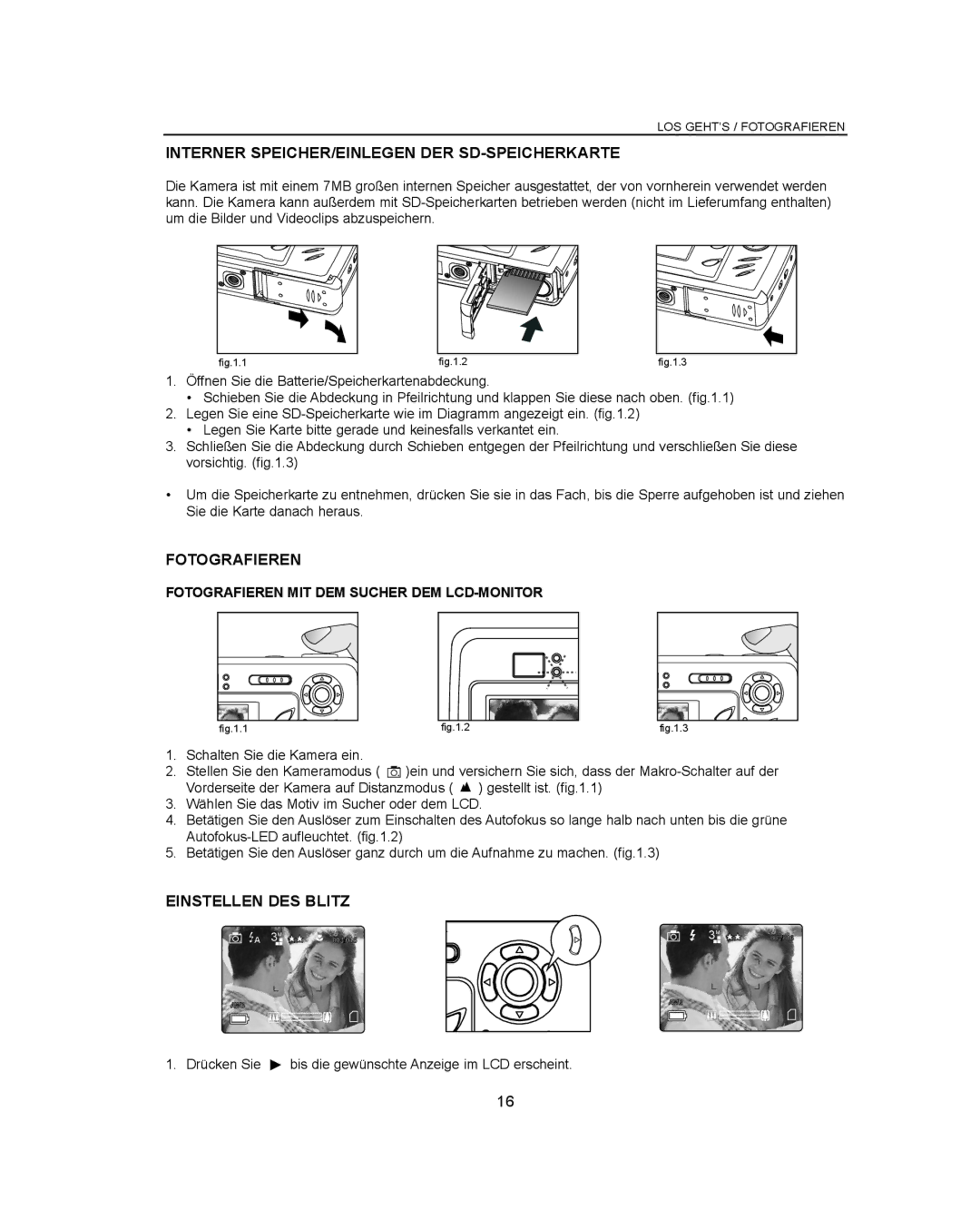 Concord Camera Eye-Q 3042AF manual Interner SPEICHER/EINLEGEN DER SD-SPEICHERKARTE, Fotografieren, Einstellen DES Blitz 