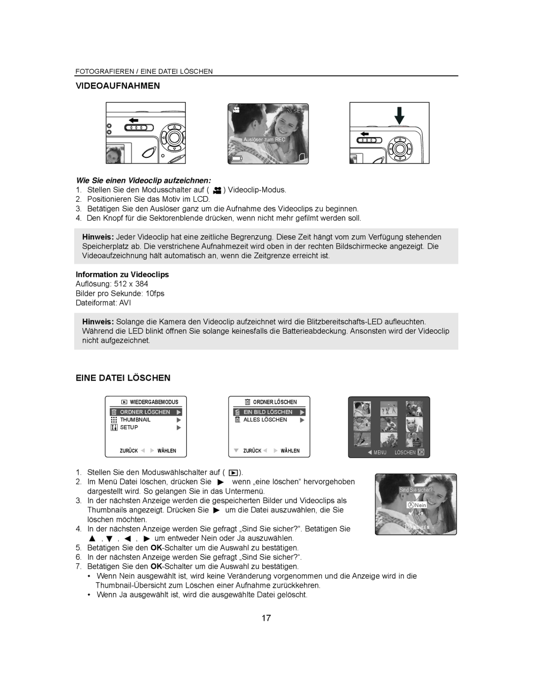 Concord Camera Eye-Q 3042AF manual Videoaufnahmen, Eine Datei Löschen, Wie Sie einen Videoclip aufzeichnen 