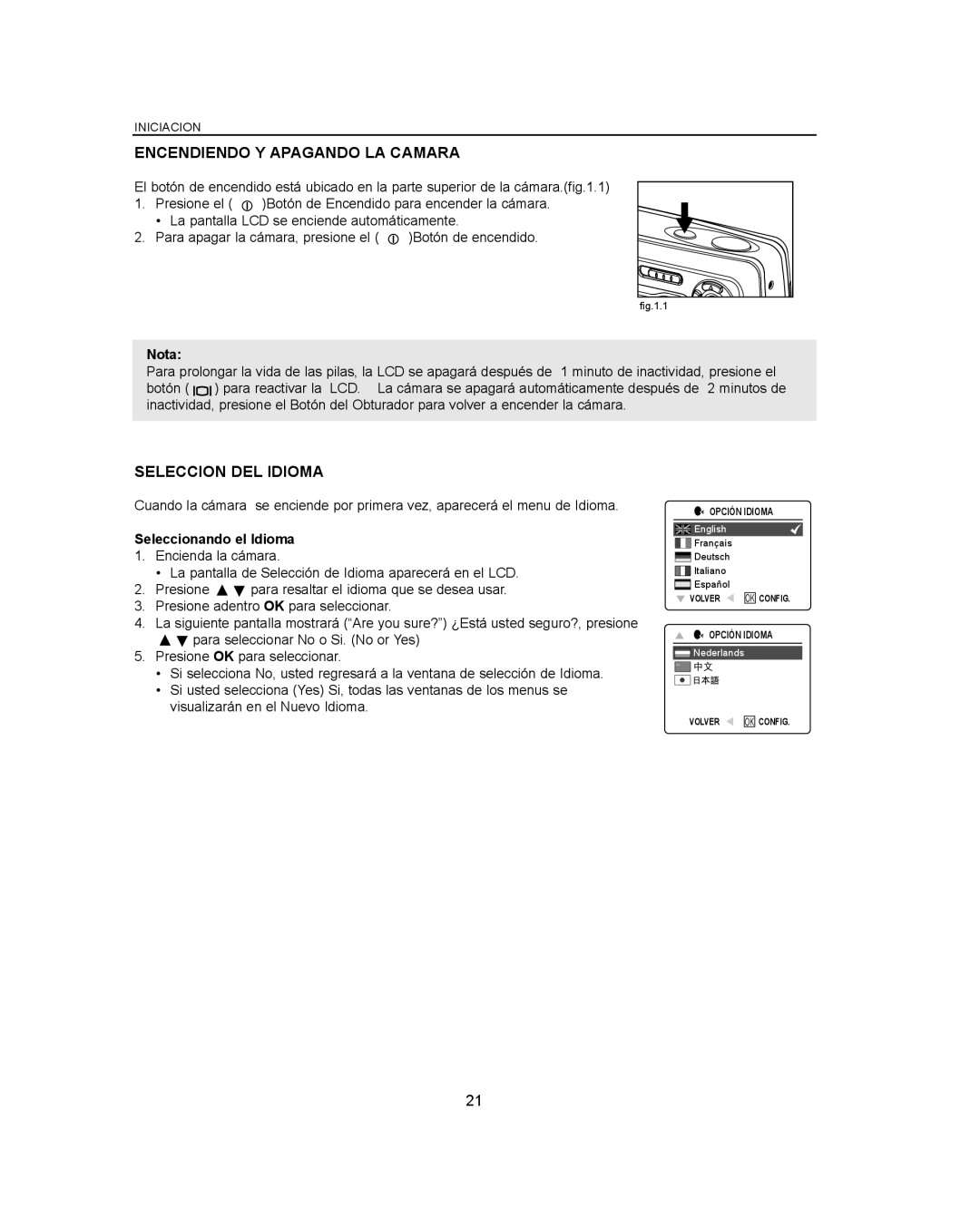Concord Camera Eye-Q 3042AF manual Encendiendo Y Apagando LA Camara, Seleccion DEL Idioma, Nota, Seleccionando el Idioma 