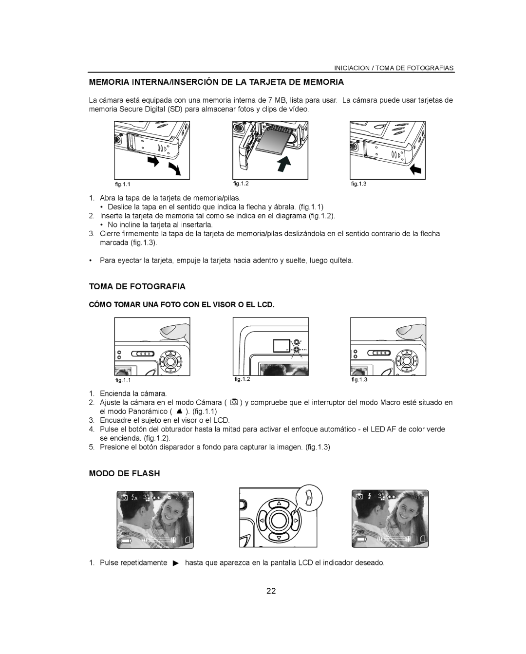 Concord Camera Eye-Q 3042AF manual Memoria INTERNA/INSERCIÓN DE LA Tarjeta DE Memoria, Toma DE Fotografia, Modo DE Flash 