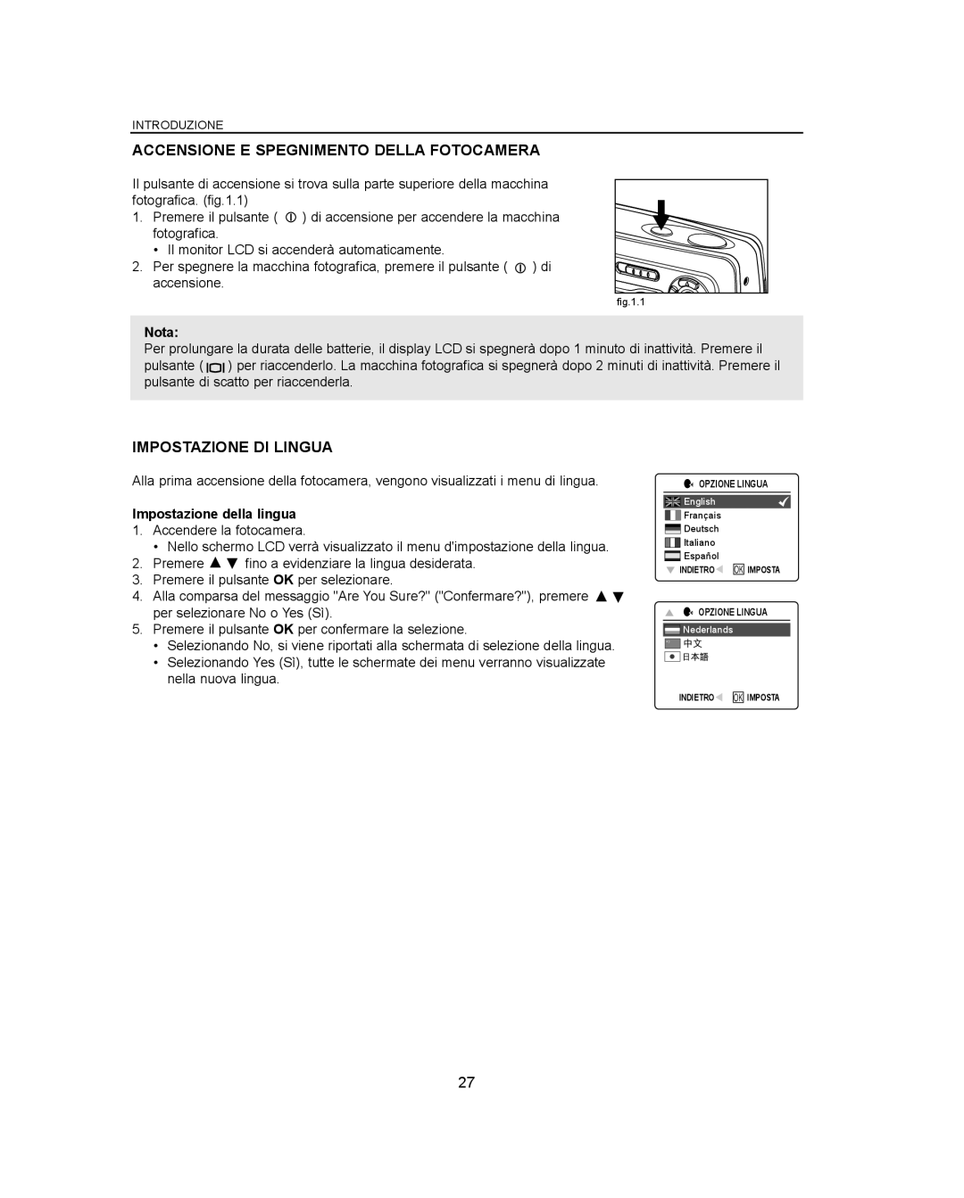 Concord Camera Eye-Q 3042AF Accensione E Spegnimento Della Fotocamera, Impostazione DI Lingua, Impostazione della lingua 