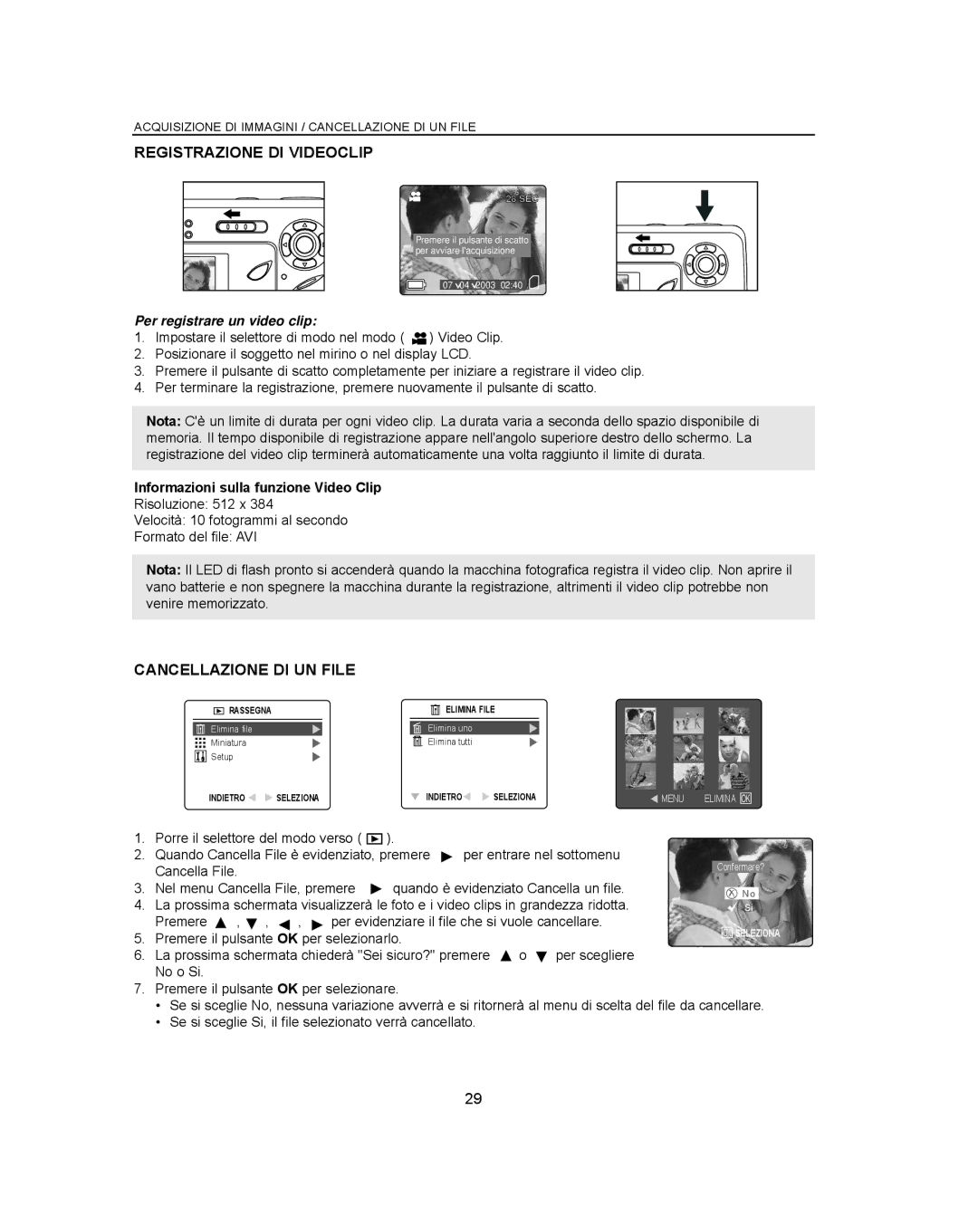 Concord Camera Eye-Q 3042AF manual Registrazione DI Videoclip, Cancellazione DI UN File, Per registrare un video clip 