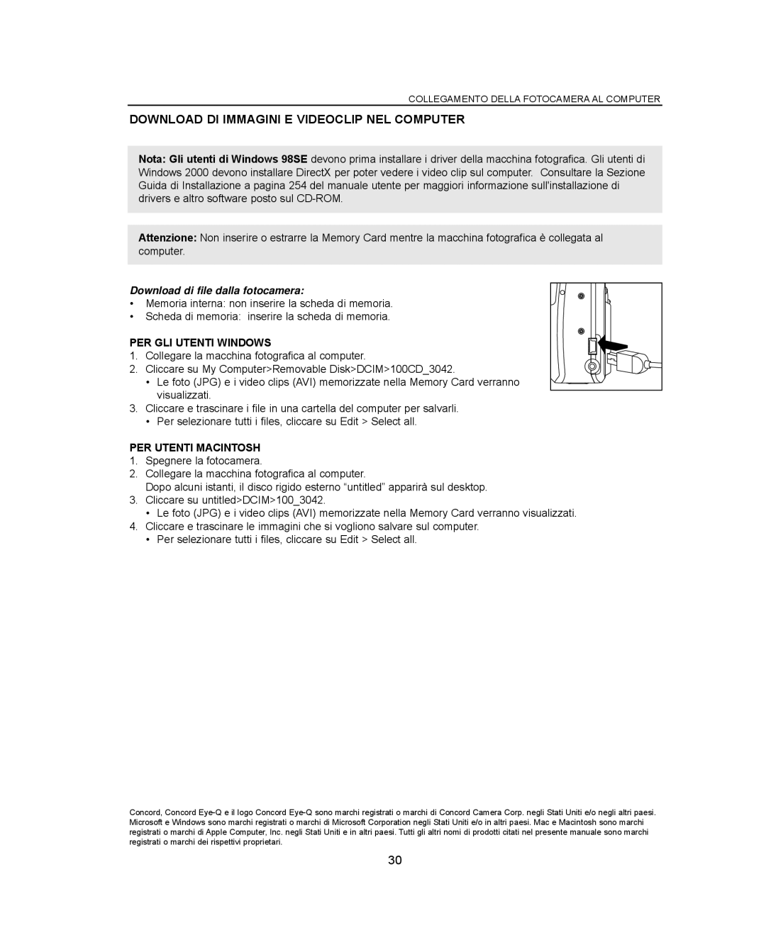 Concord Camera Eye-Q 3042AF manual Download DI Immagini E Videoclip NEL Computer, Download di file dalla fotocamera 