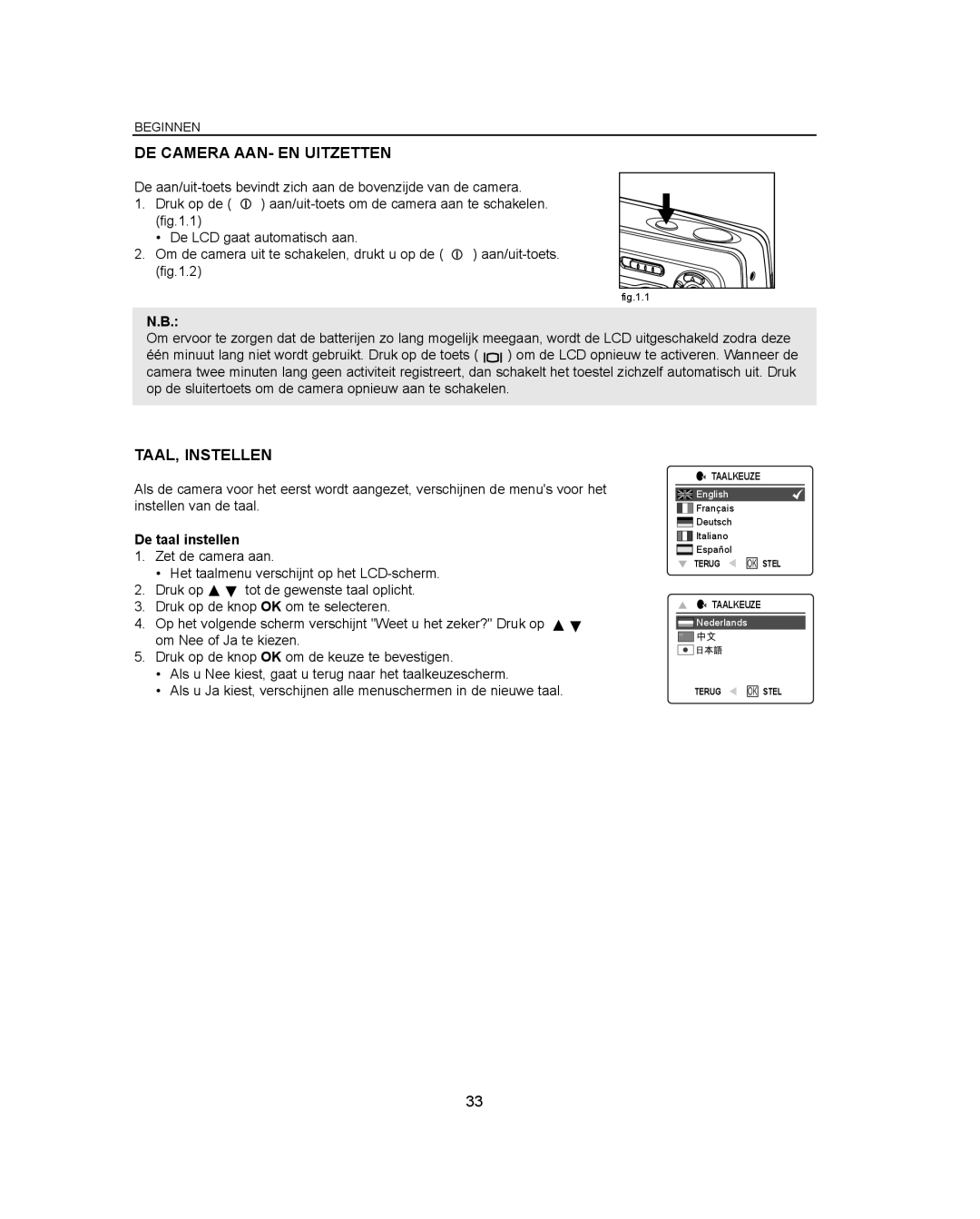 Concord Camera Eye-Q 3042AF manual DE Camera AAN- EN Uitzetten, TAAL, Instellen, De taal instellen 