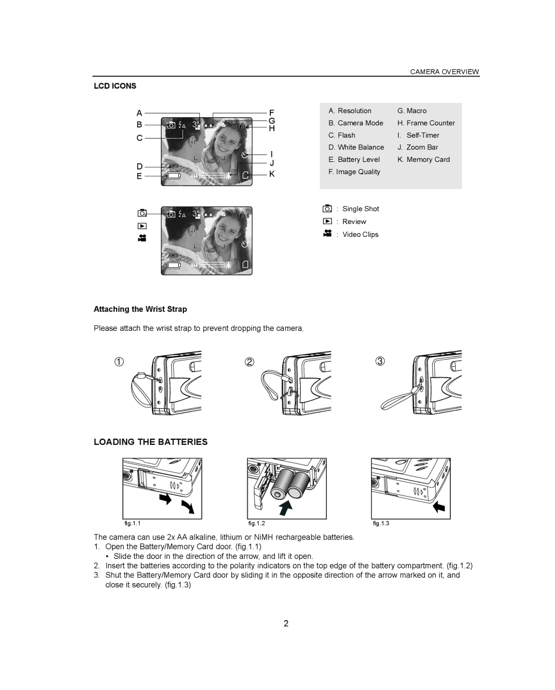 Concord Camera Eye-Q 3042AF manual Loading the Batteries, LCD Icons, Attaching the Wrist Strap 