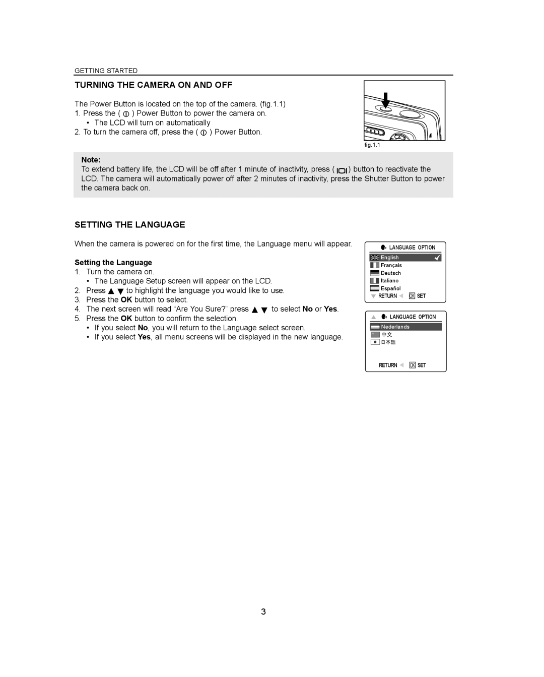 Concord Camera Eye-Q 3042AF manual Turning the Camera on and OFF, Setting the Language 