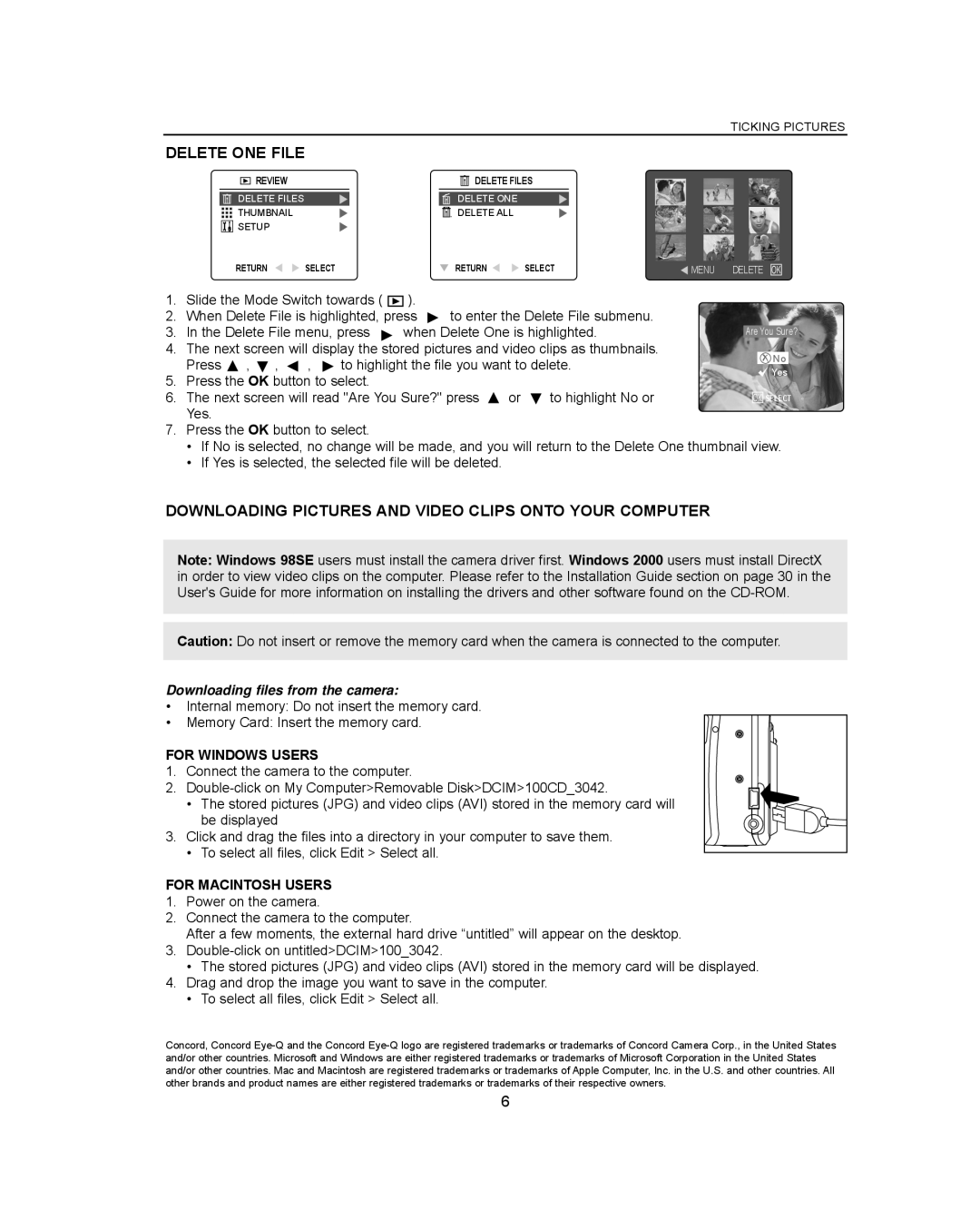 Concord Camera Eye-Q 3042AF Delete ONE File, Downloading Pictures and Video Clips Onto Your Computer, For Windows Users 