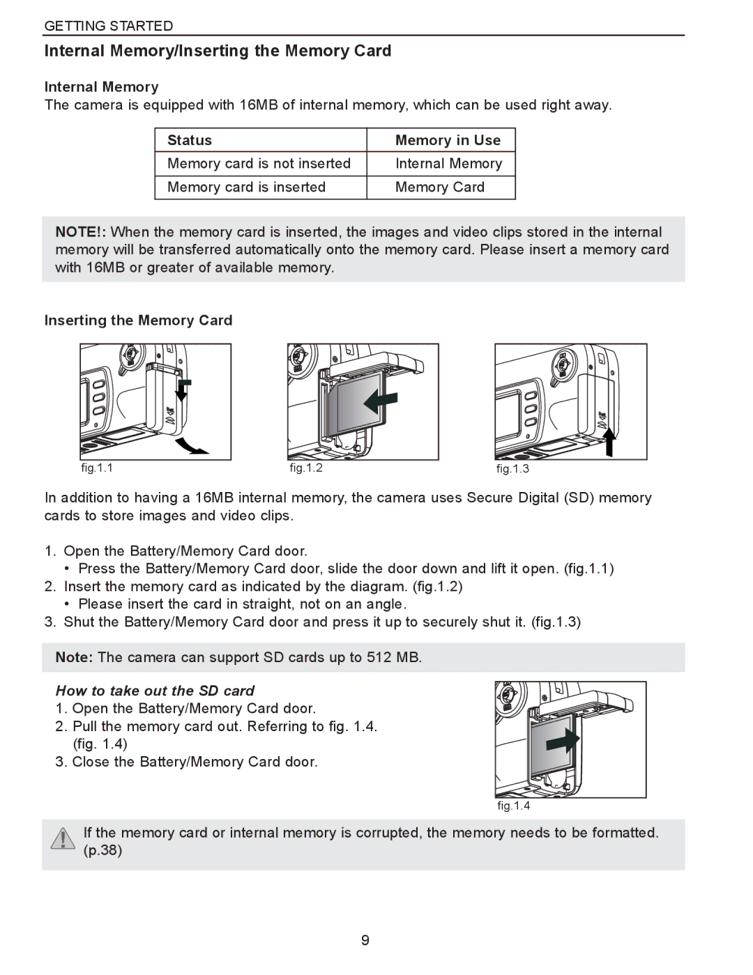 Concord Camera Eye-Q 3340z Internal Memory, Status Memory in Use, Inserting the Memory Card, How to take out the SD card 