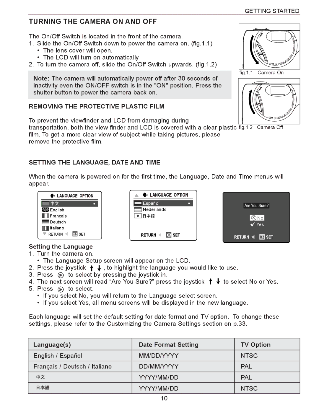 Concord Camera Eye-Q 3340z manual Turning the Camera on and OFF, Removing the Protective Plastic Film, Setting the Language 