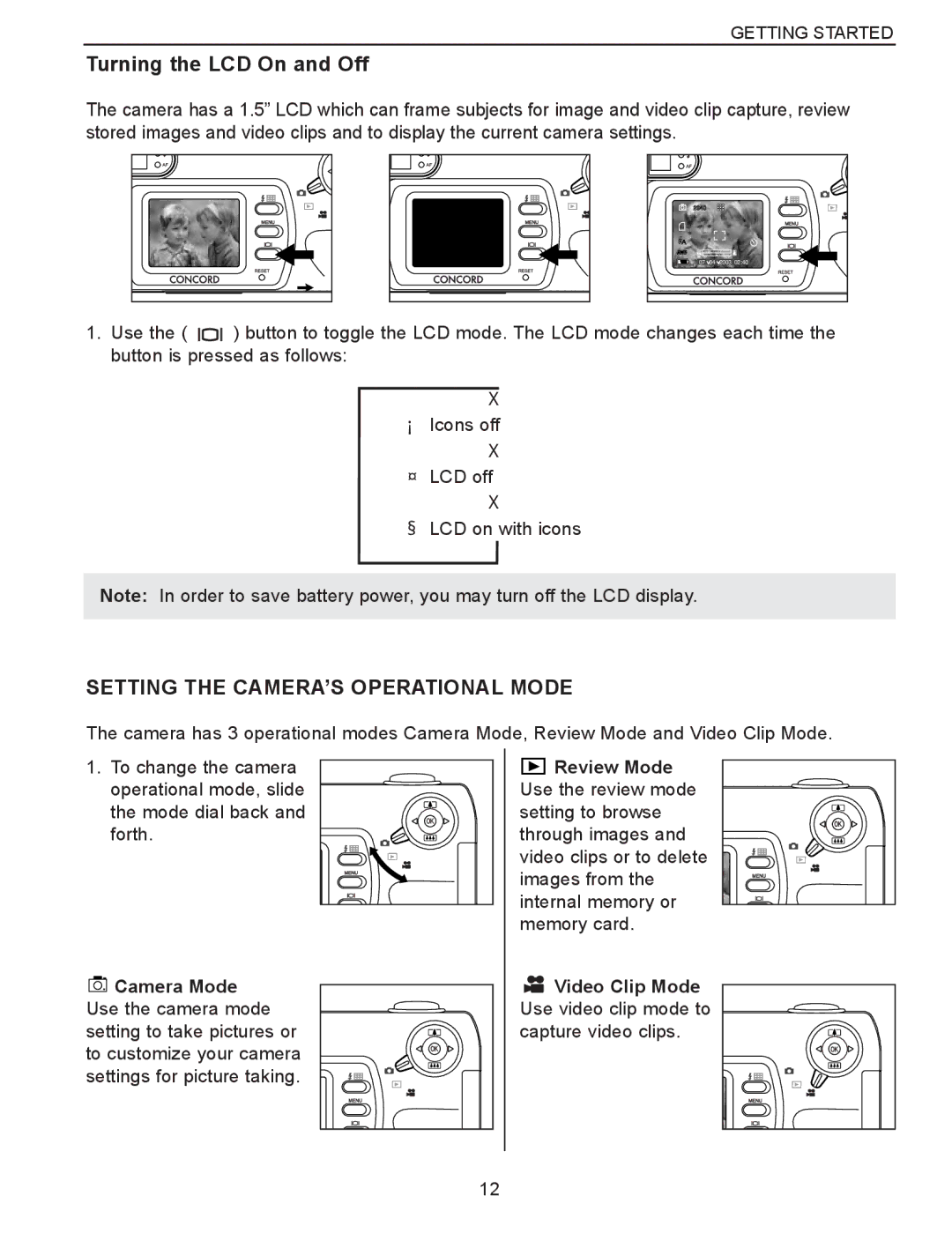 Concord Camera Eye-Q 3340z manual Turning the LCD On and Off, Setting the CAMERA’S Operational Mode 