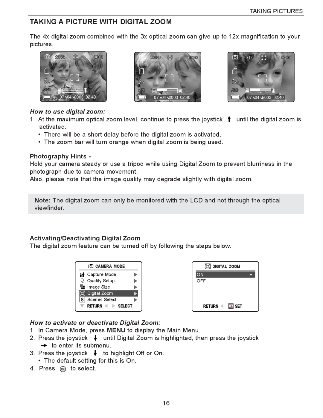 Concord Camera Eye-Q 3340z manual Taking a Picture with Digital Zoom, How to use digital zoom, Photography Hints 