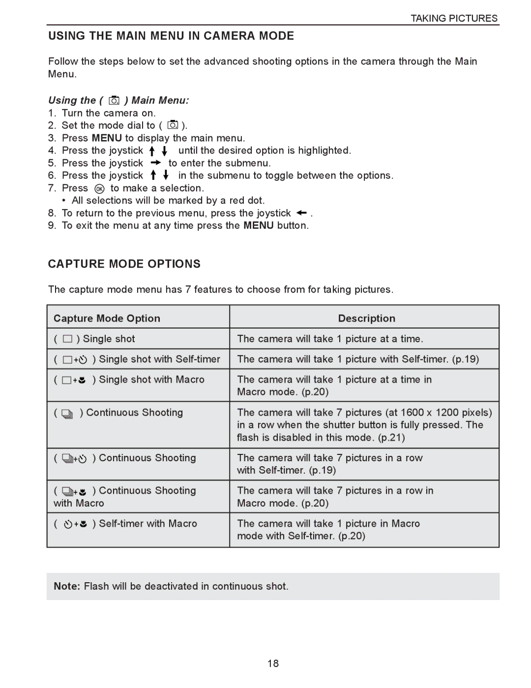 Concord Camera Eye-Q 3340z manual Capture Mode Options, Using the Main Menu, Capture Mode Option Description 