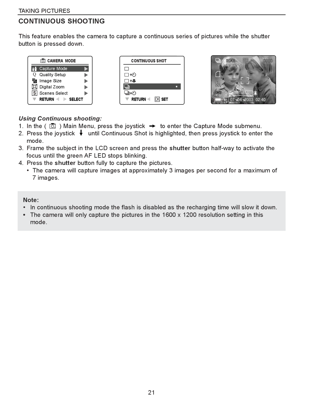 Concord Camera Eye-Q 3340z manual Continuous Shooting, Using Continuous shooting 