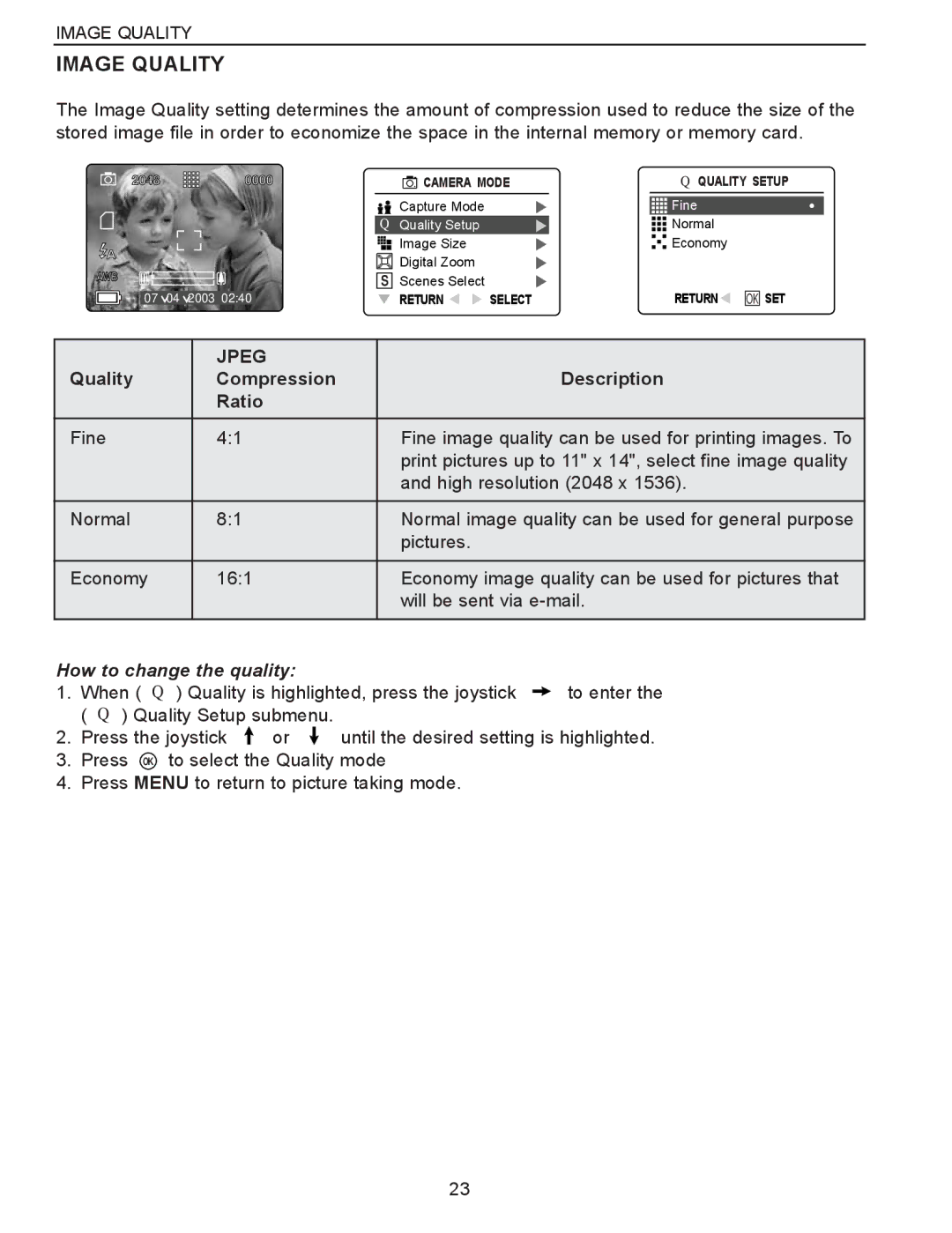 Concord Camera Eye-Q 3340z manual Image Quality, Jpeg, Quality Compression, Ratio, How to change the quality 