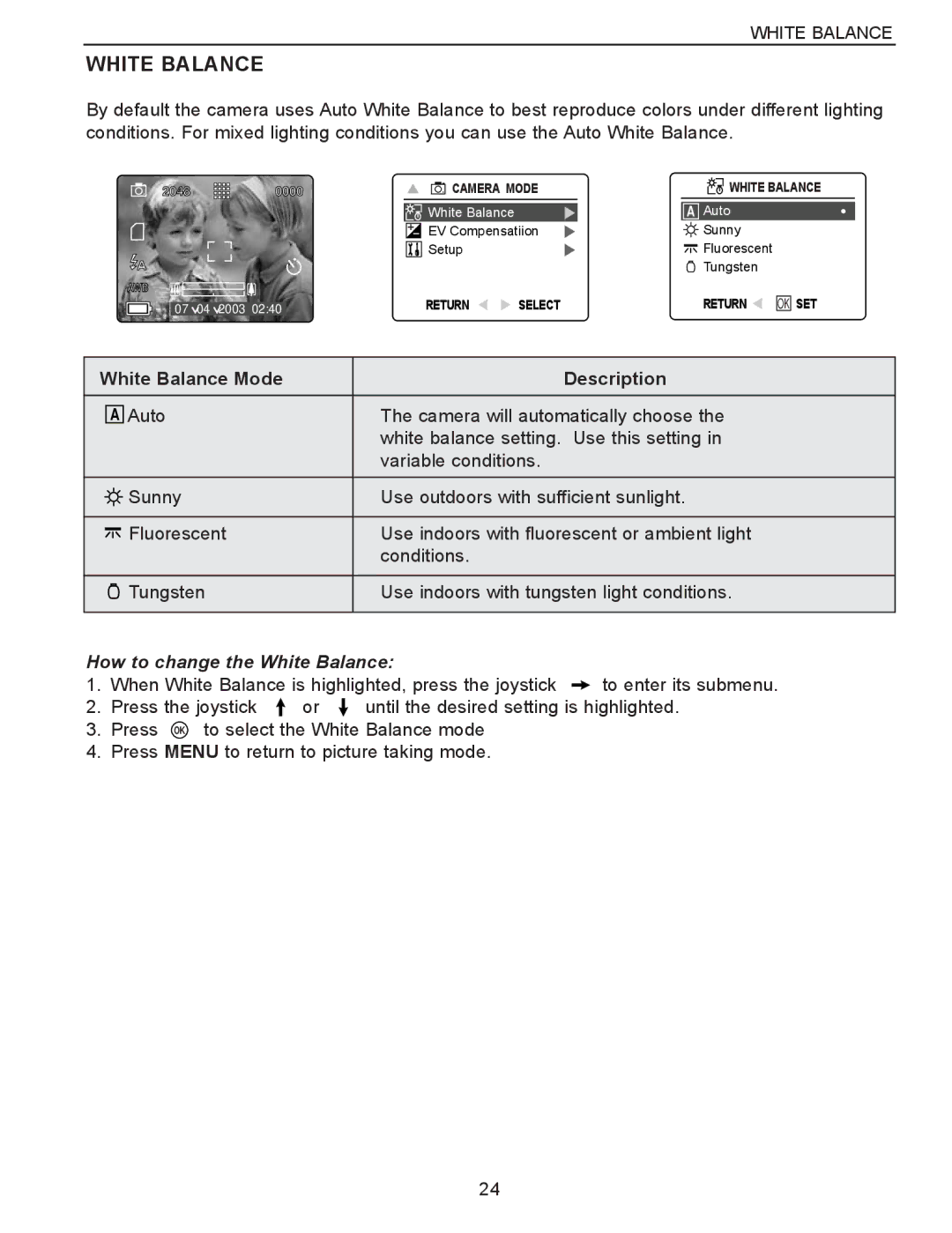 Concord Camera Eye-Q 3340z manual White Balance Mode Description, How to change the White Balance 