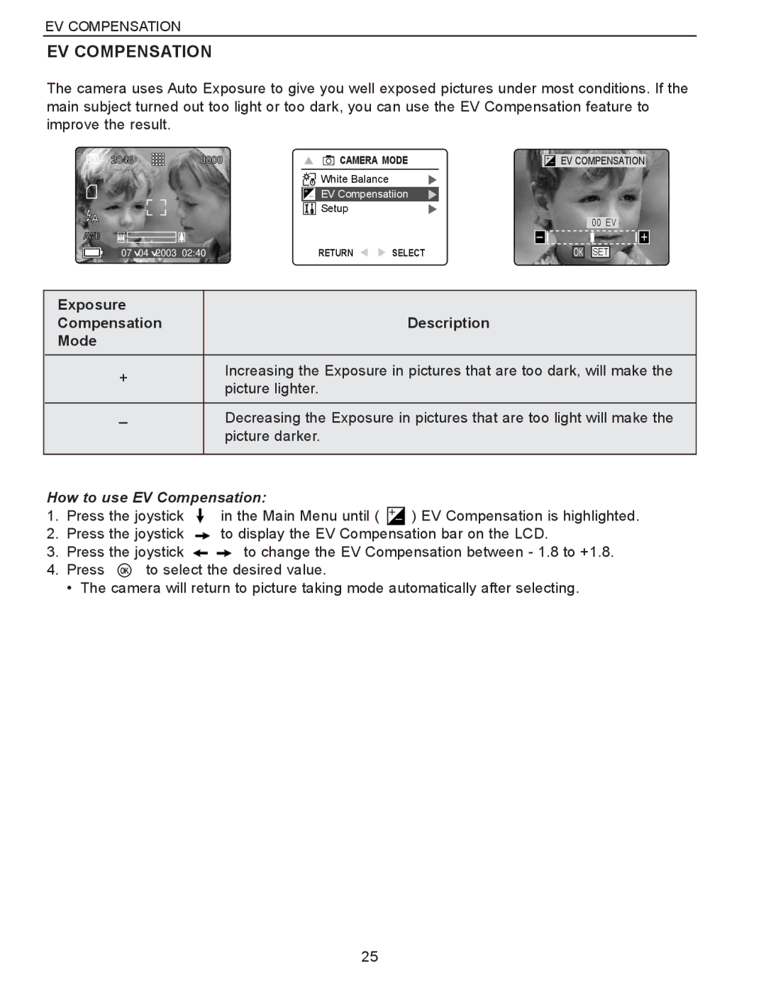 Concord Camera Eye-Q 3340z manual Exposure Compensation, Mode, How to use EV Compensation 