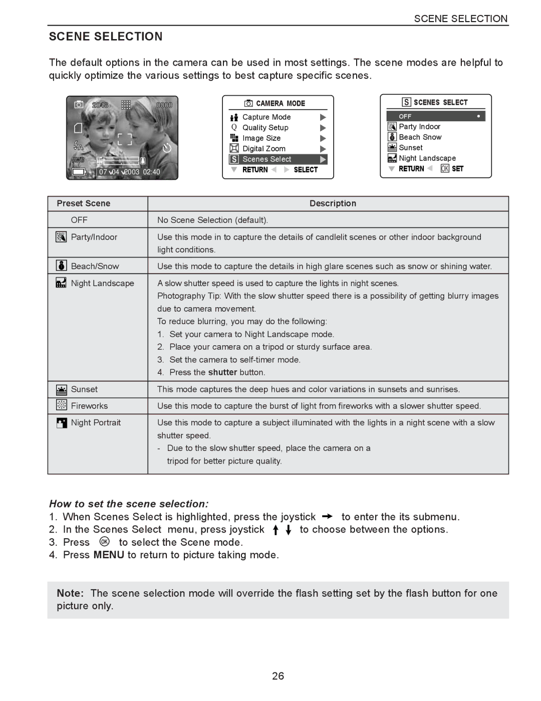 Concord Camera Eye-Q 3340z manual Scene Selection, How to set the scene selection 