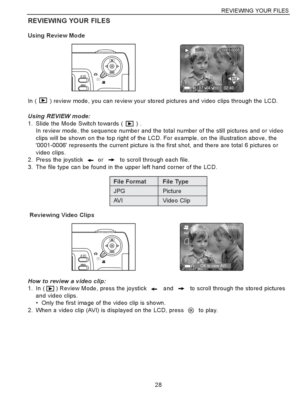 Concord Camera Eye-Q 3340z manual Reviewing Your Files, Using Review mode, How to review a video clip 