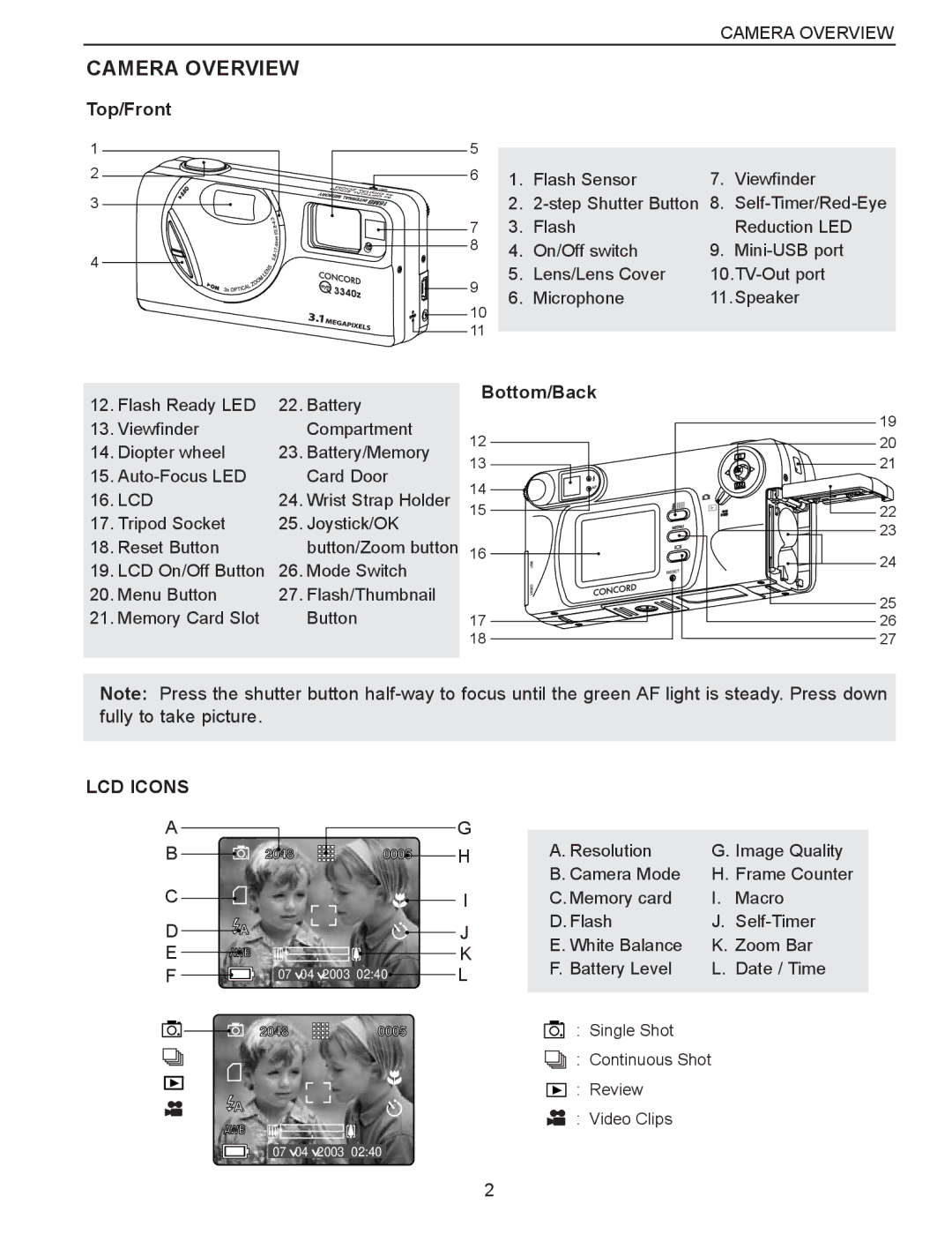 Concord Camera Eye-Q 3340z manual Camera Overview, Top/Front, Bottom/Back, LCD Icons 