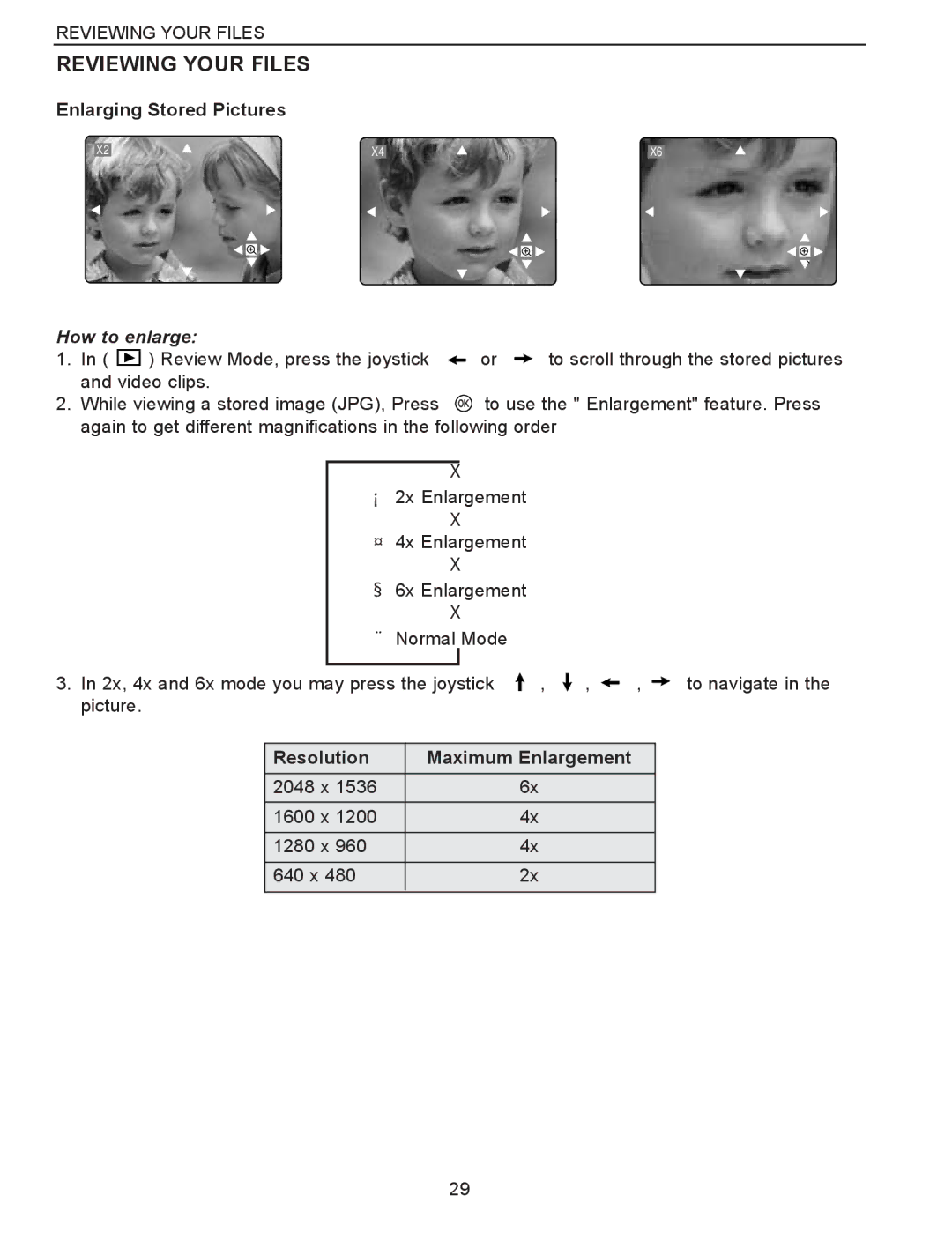 Concord Camera Eye-Q 3340z manual Enlarging Stored Pictures, How to enlarge, Resolution 