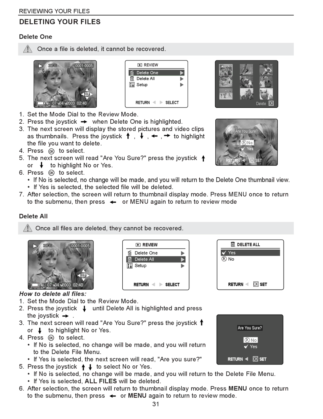 Concord Camera Eye-Q 3340z manual Deleting Your Files, Delete One, Delete All, How to delete all files 