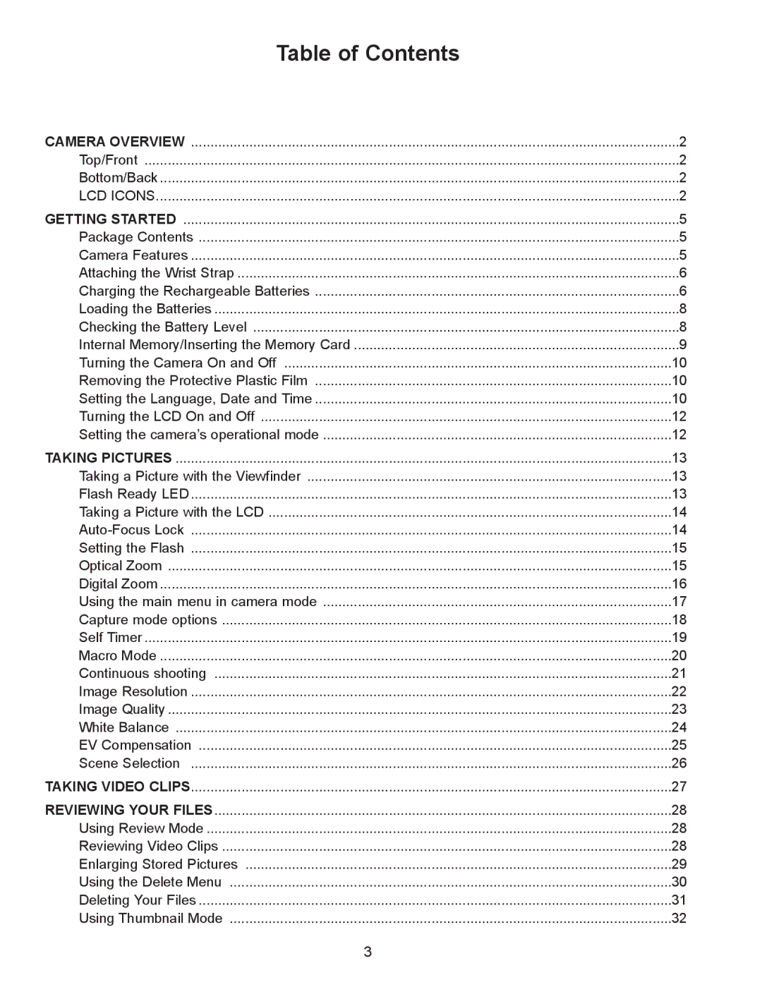 Concord Camera Eye-Q 3340z manual Table of Contents 