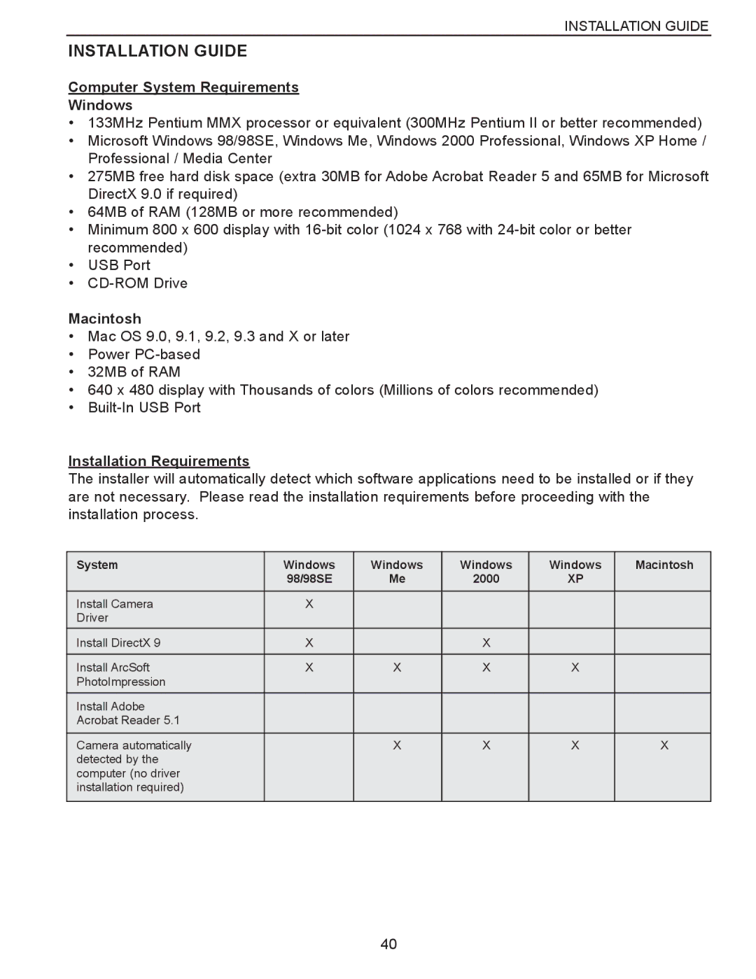 Concord Camera Eye-Q 3340z Installation Guide, Computer System Requirements Windows, Macintosh, Installation Requirements 