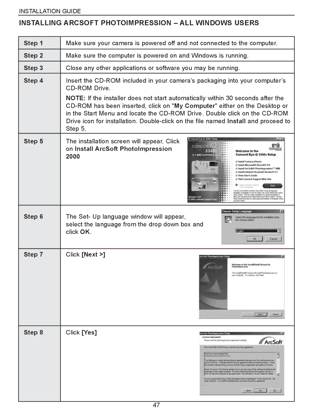 Concord Camera Eye-Q 3340z manual Installing Arcsoft Photoimpression ALL Windows Users, Step Click Next 