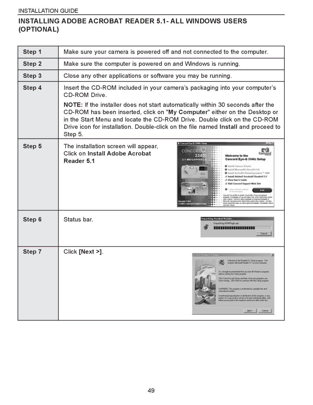 Concord Camera Eye-Q 3340z manual Click on Install Adobe Acrobat Reader Step 