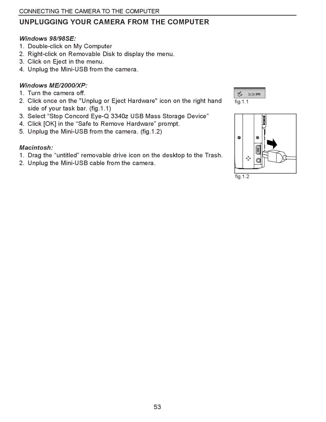 Concord Camera Eye-Q 3340z manual Unplugging Your Camera from the Computer, Windows 98/98SE, Windows ME/2000/XP, Macintosh 