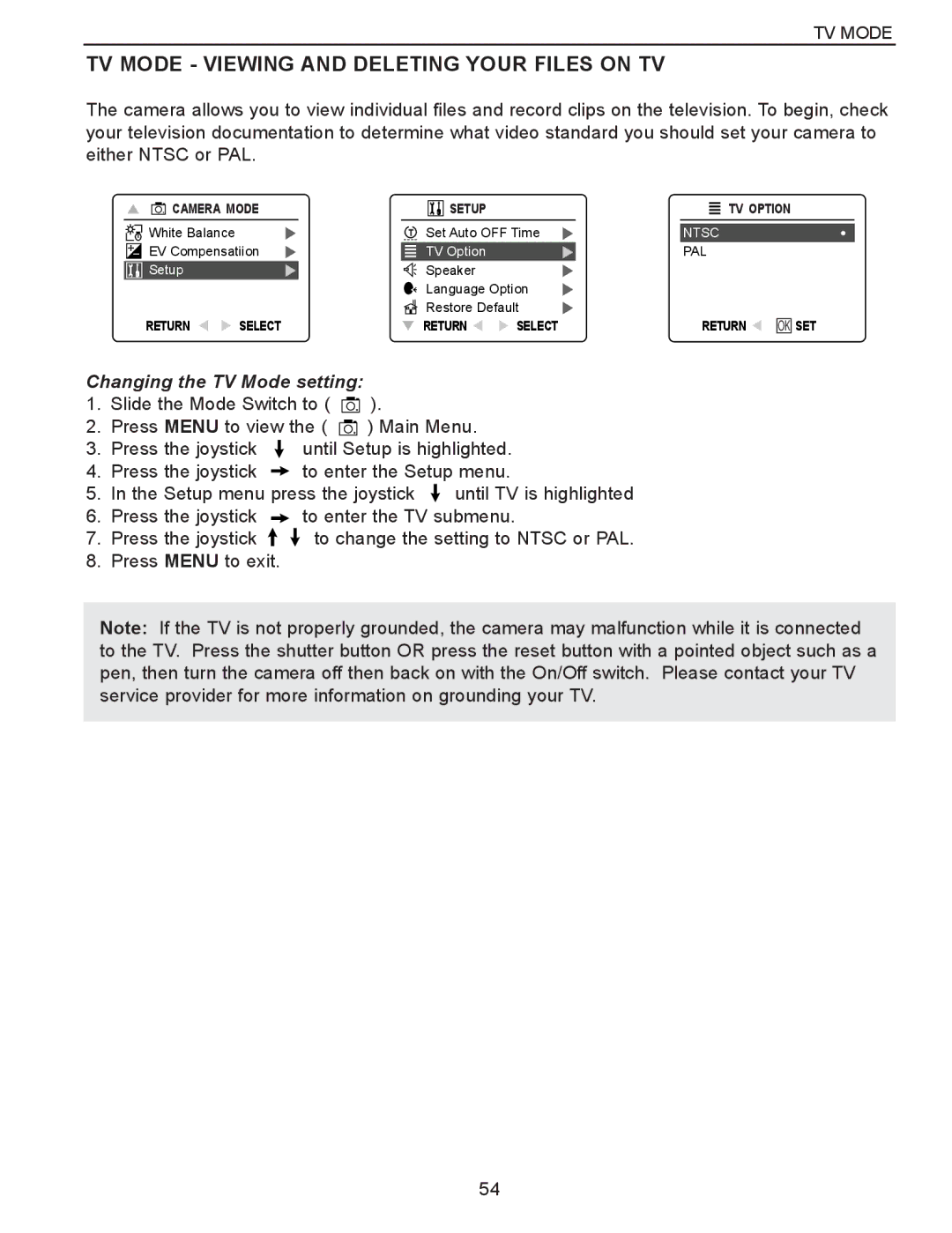 Concord Camera Eye-Q 3340z manual TV Mode Viewing and Deleting Your Files on TV, Changing the TV Mode setting 