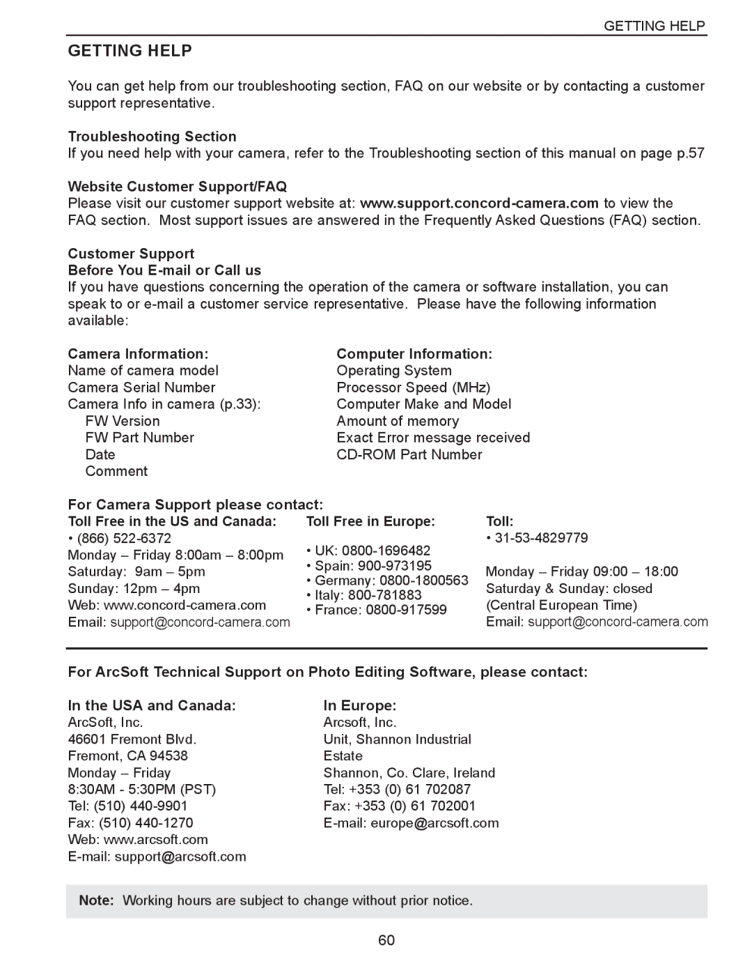 Concord Camera Eye-Q 3340z manual Getting Help, Troubleshooting Section, Camera Information Computer Information 