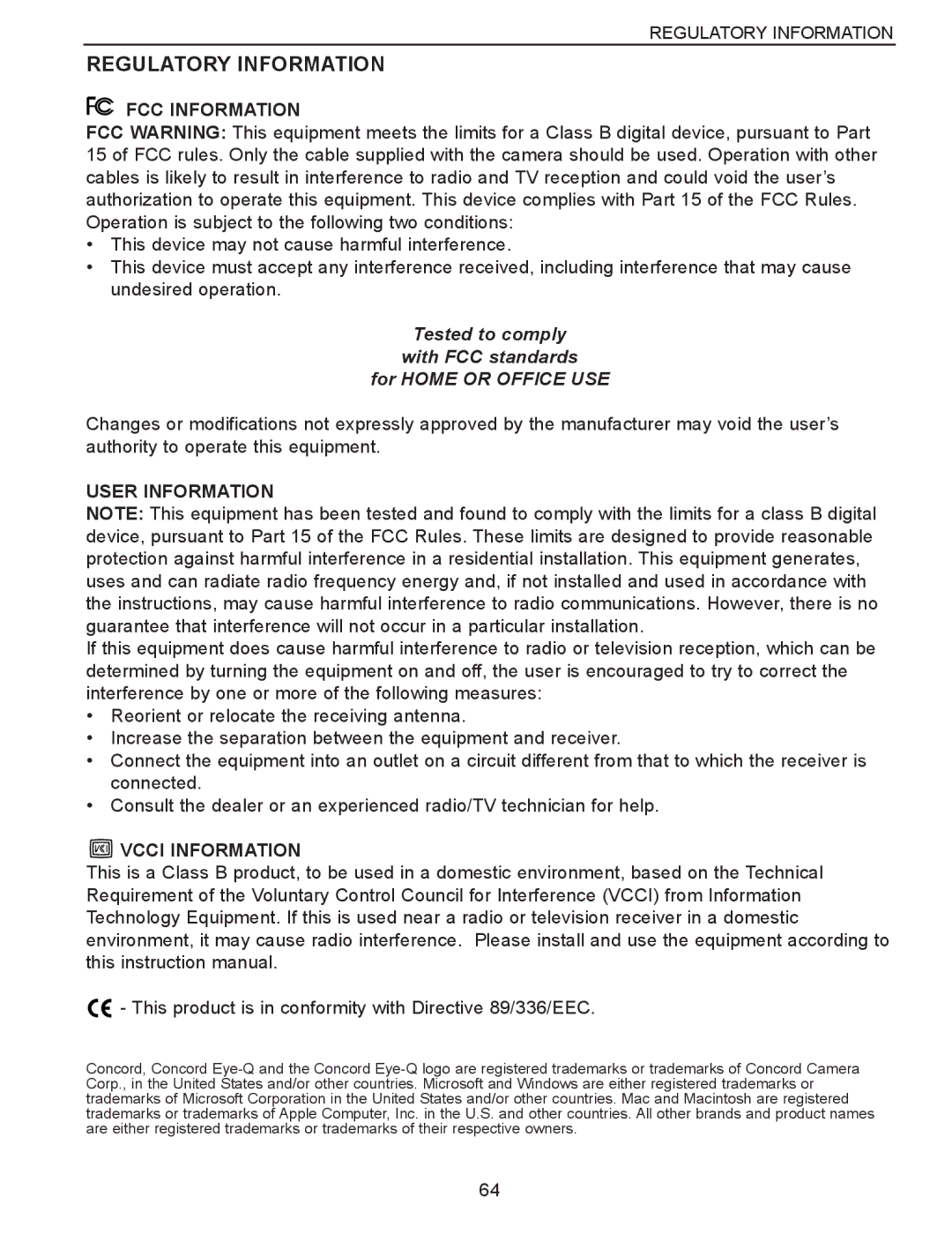 Concord Camera Eye-Q 3340z manual Regulatory Information, FCC Information, User Information, Vcci Information 