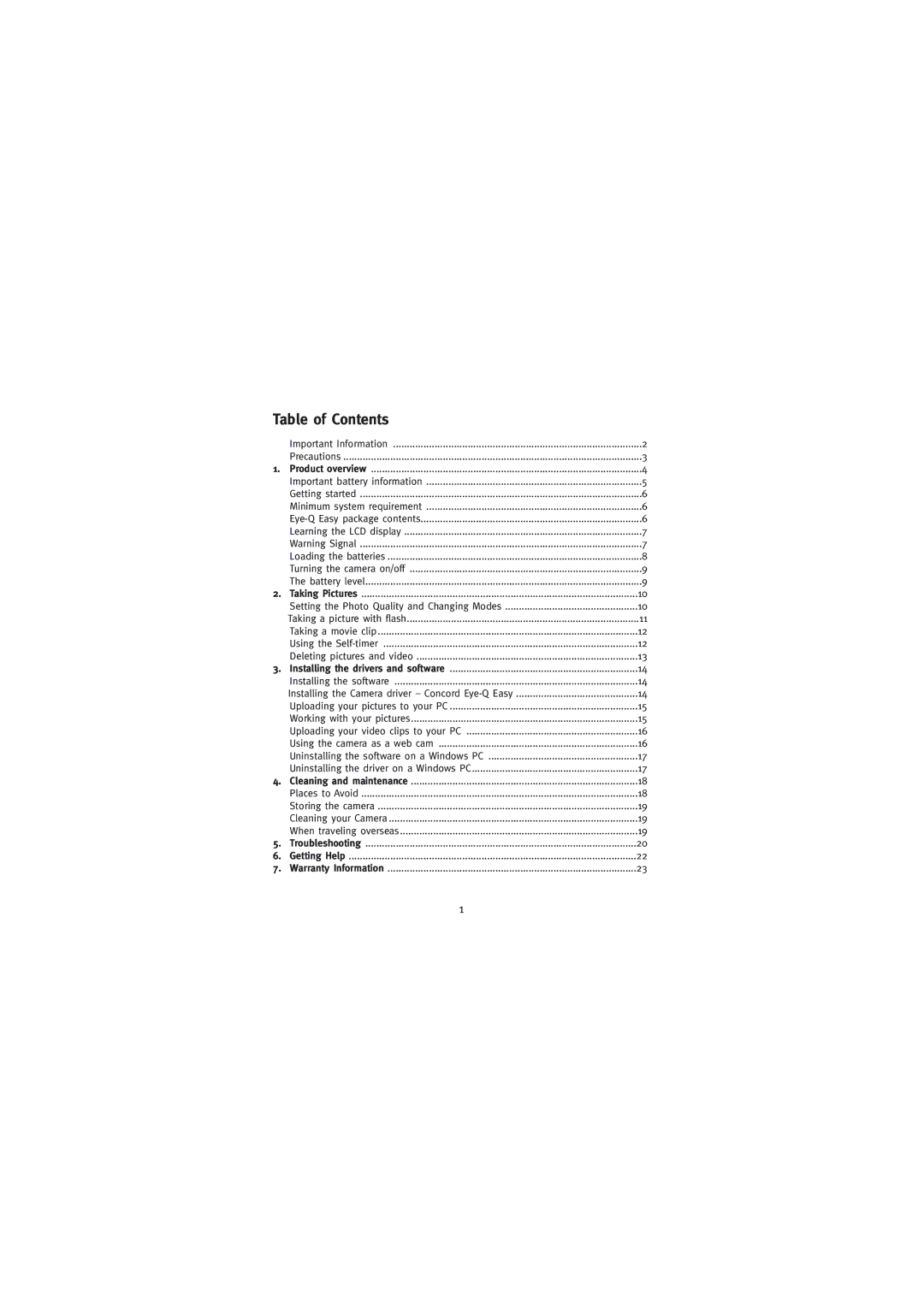 Concord Camera Eye-Q Easy Digital Camera manual Table of Contents 