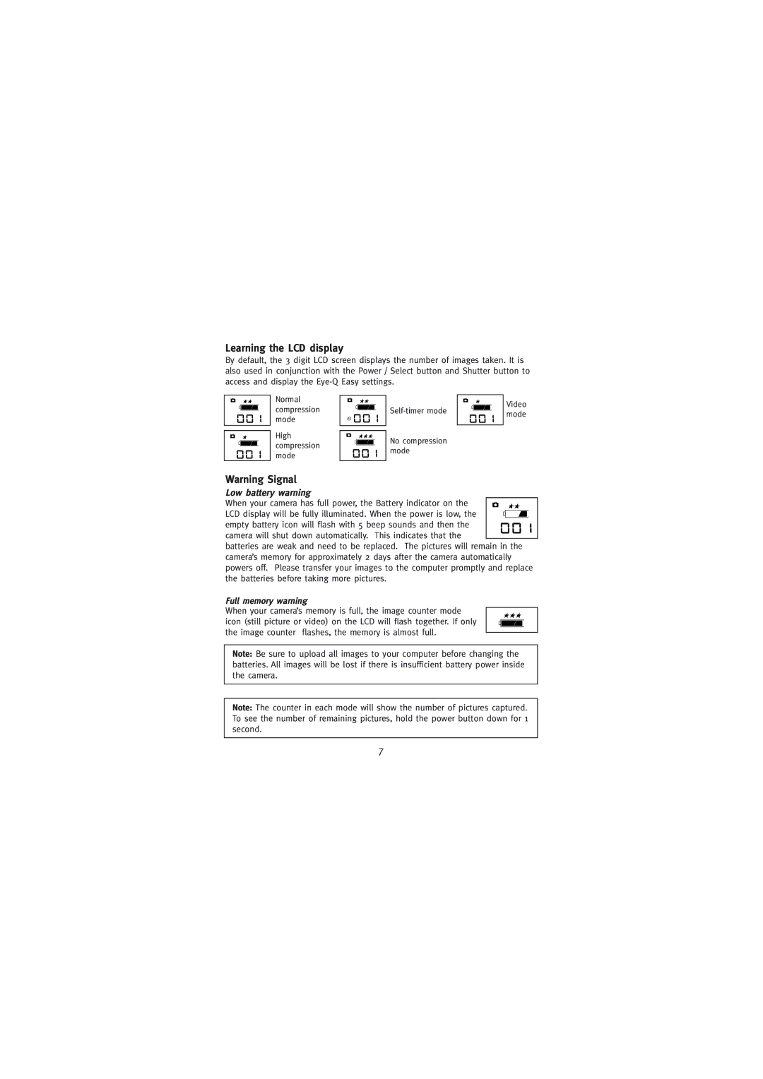 Concord Camera Eye-Q Easy Digital Camera manual Learning the LCD display, Low battery warning 