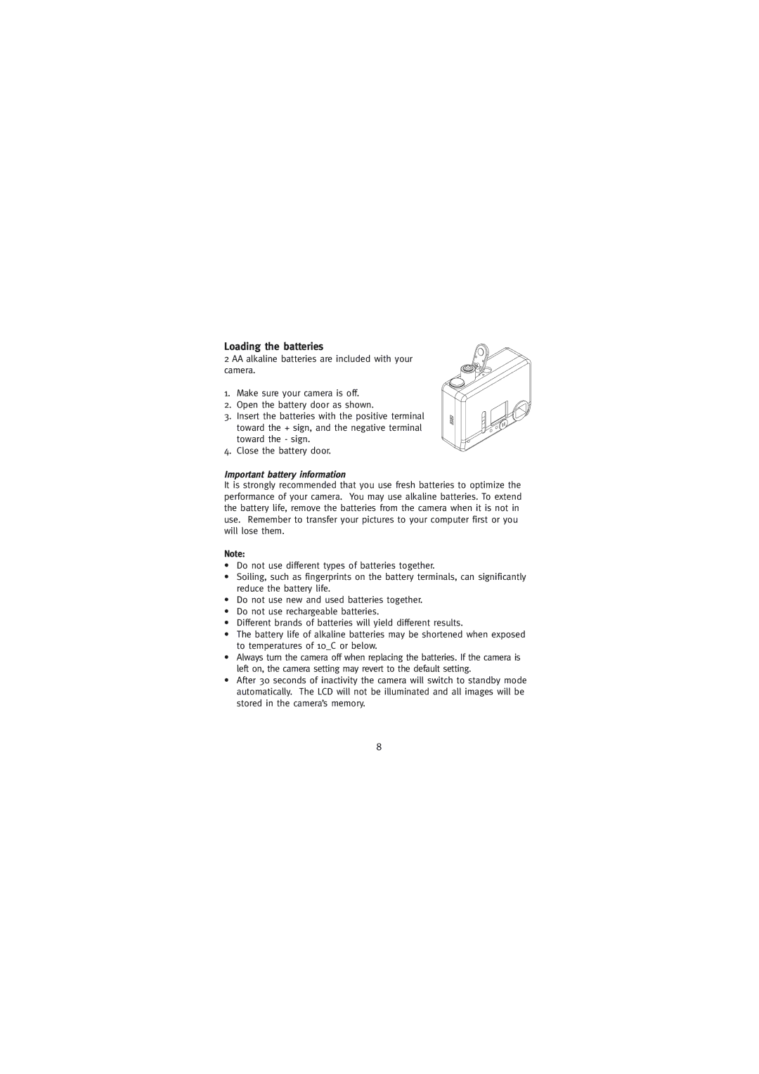 Concord Camera Eye-Q Easy Digital Camera manual Loading the batteries, Important battery information 