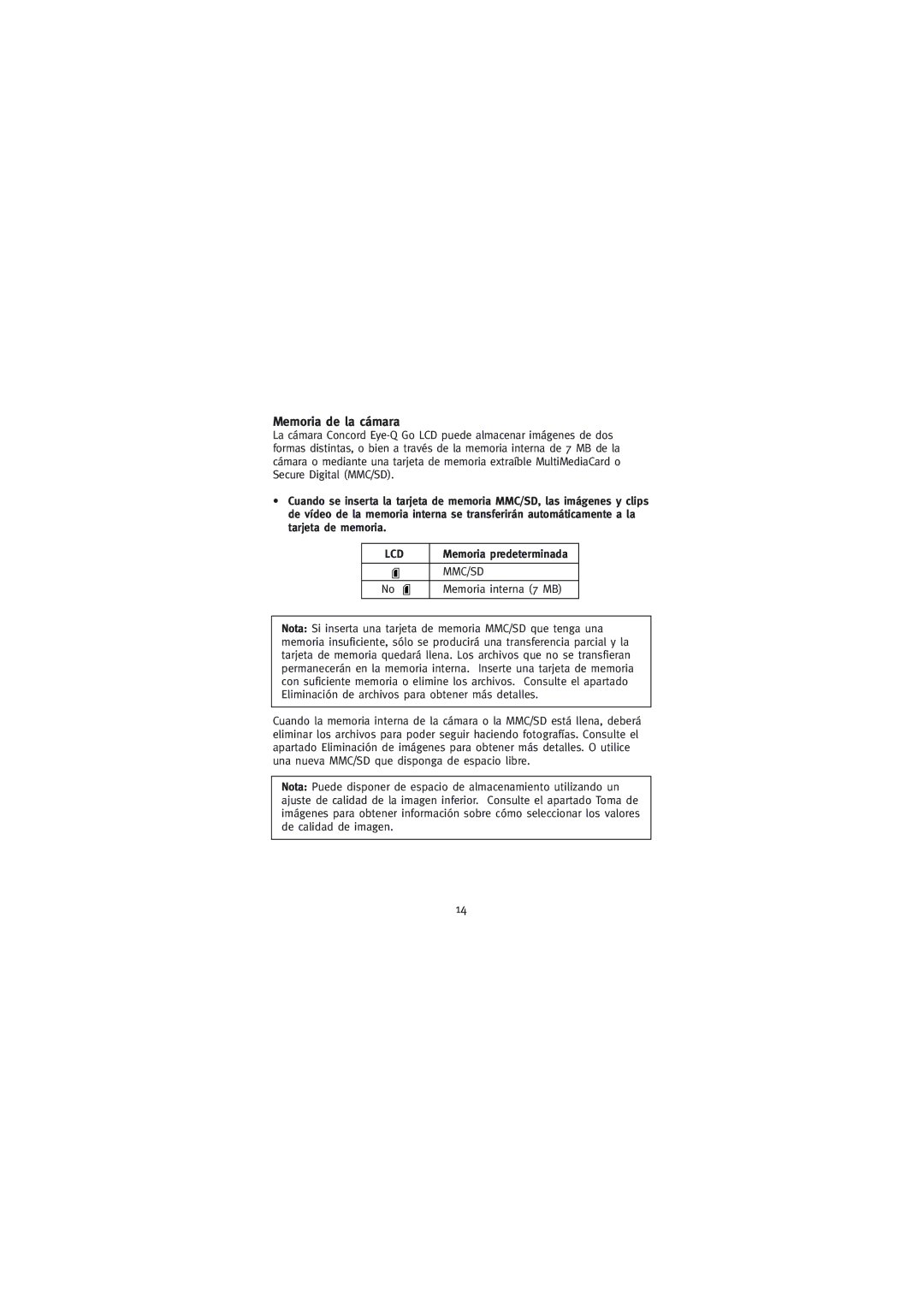 Concord Camera Eye-Q Go LCD Camera manual Memoria de la cámara, Mmc/Sd 