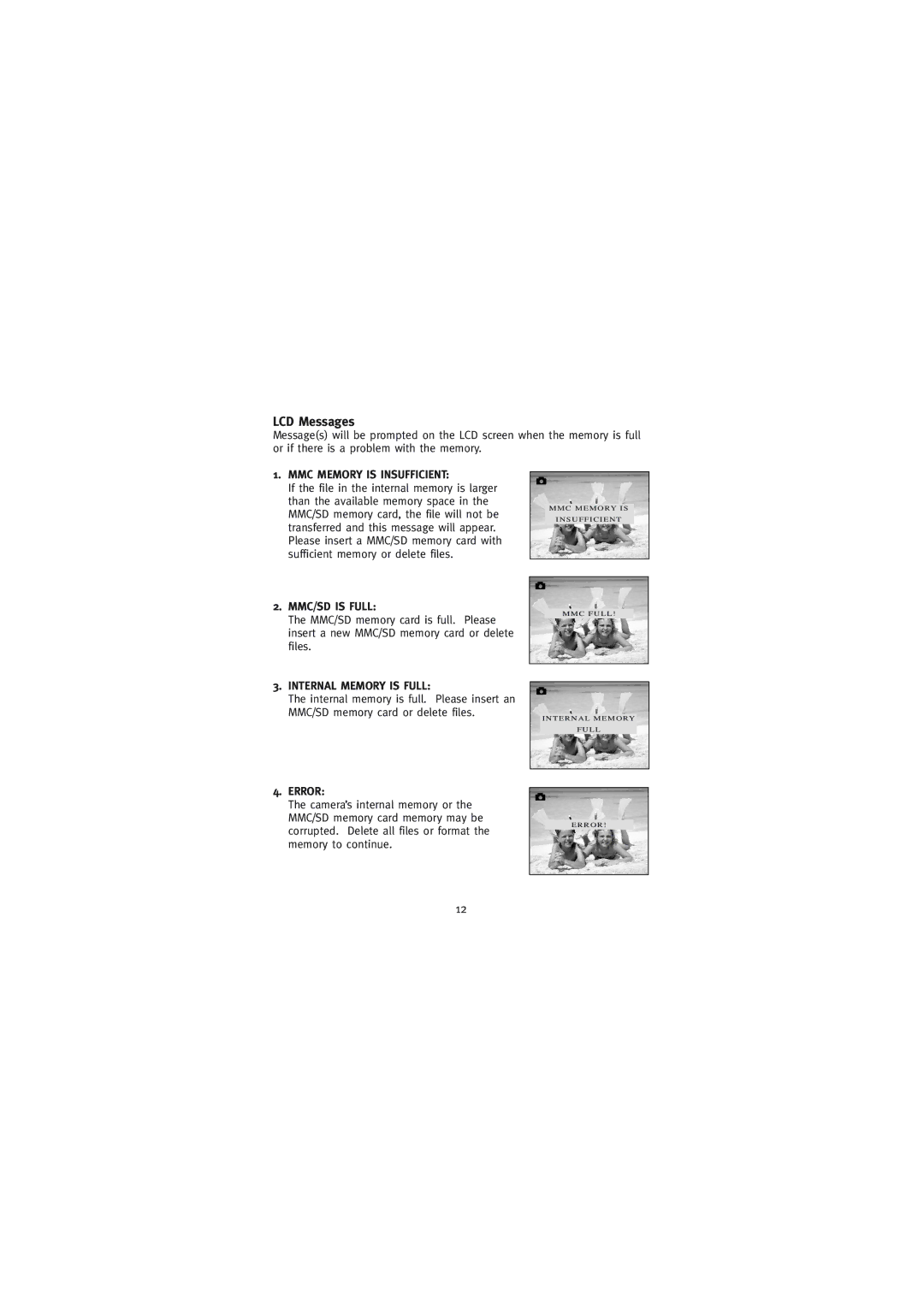 Concord Camera Eye-Q Go LCD Camera manual LCD Messages, MMC Memory is Insufficient 