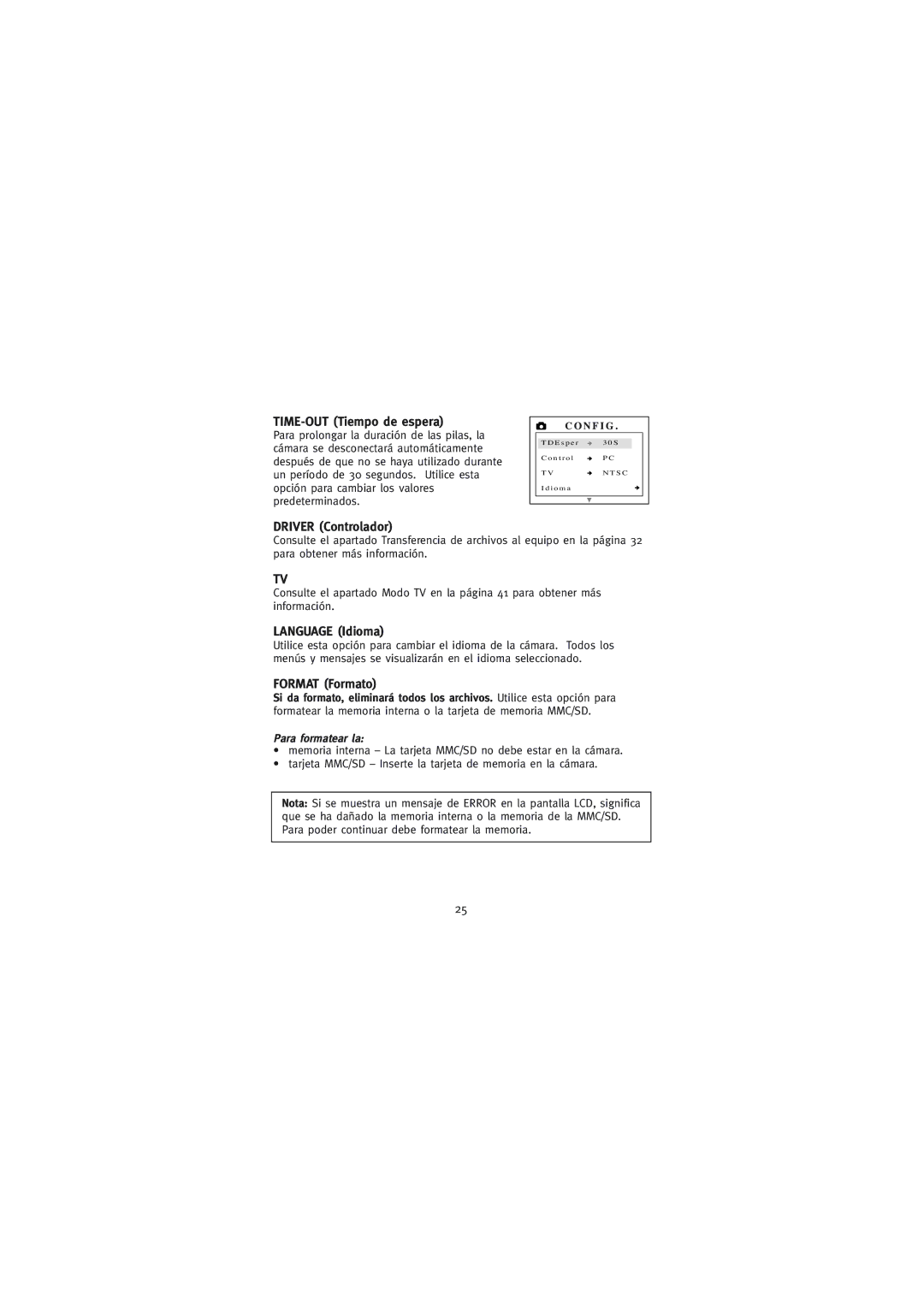 Concord Camera Eye-Q Go LCD Camera manual TIME-OUT Tiempo de espera, Driver Controlador, Language Idioma, Format Formato 