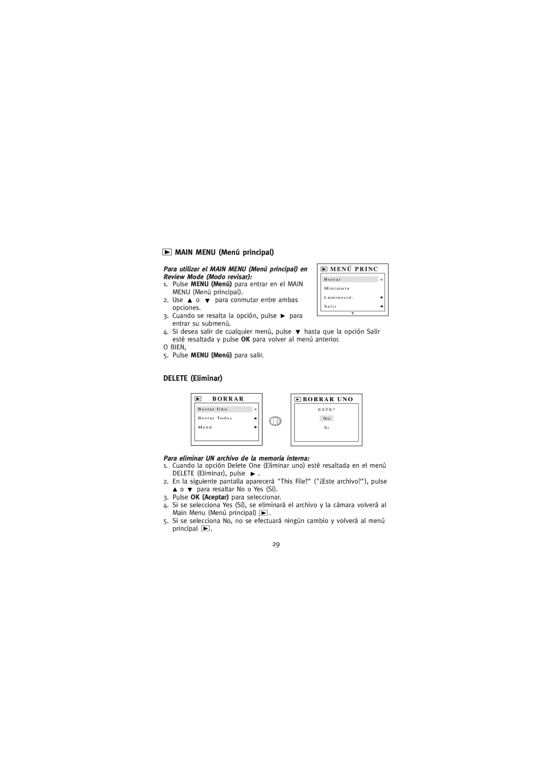 Concord Camera Eye-Q Go LCD Camera manual Delete Eliminar, Para eliminar UN archivo de la memoria interna 