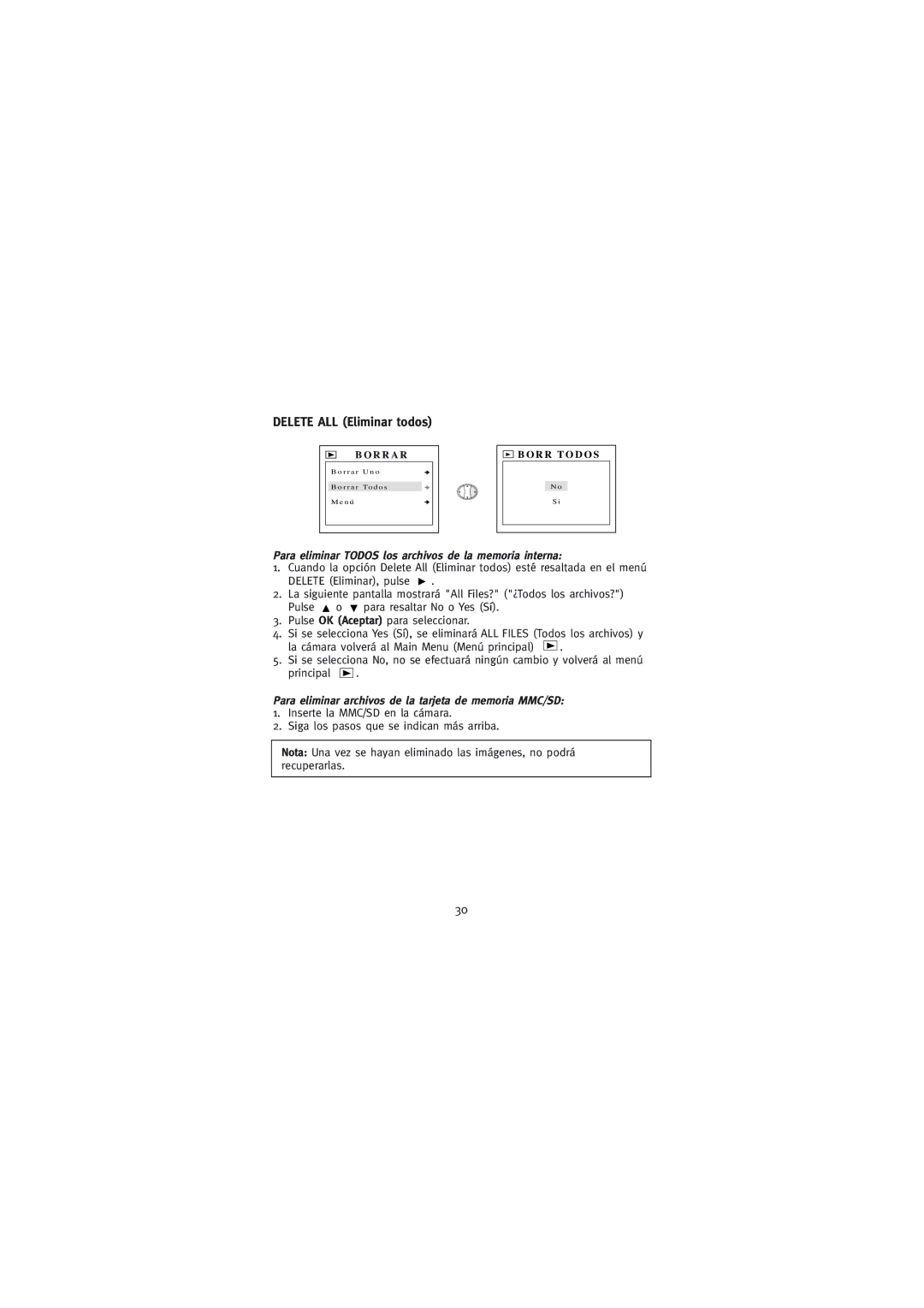 Concord Camera Eye-Q Go LCD Camera manual Delete ALL Eliminar todos, Para eliminar Todos los archivos de la memoria interna 