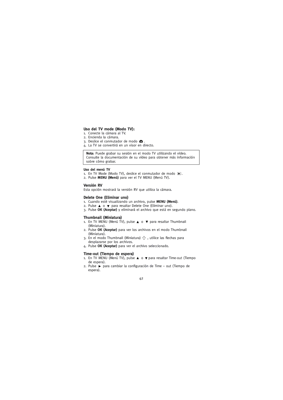 Concord Camera Eye-Q Go LCD Camera manual Uso del TV mode Modo TV, Versión RV, Delete One Eliminar uno, Uso del menú TV 
