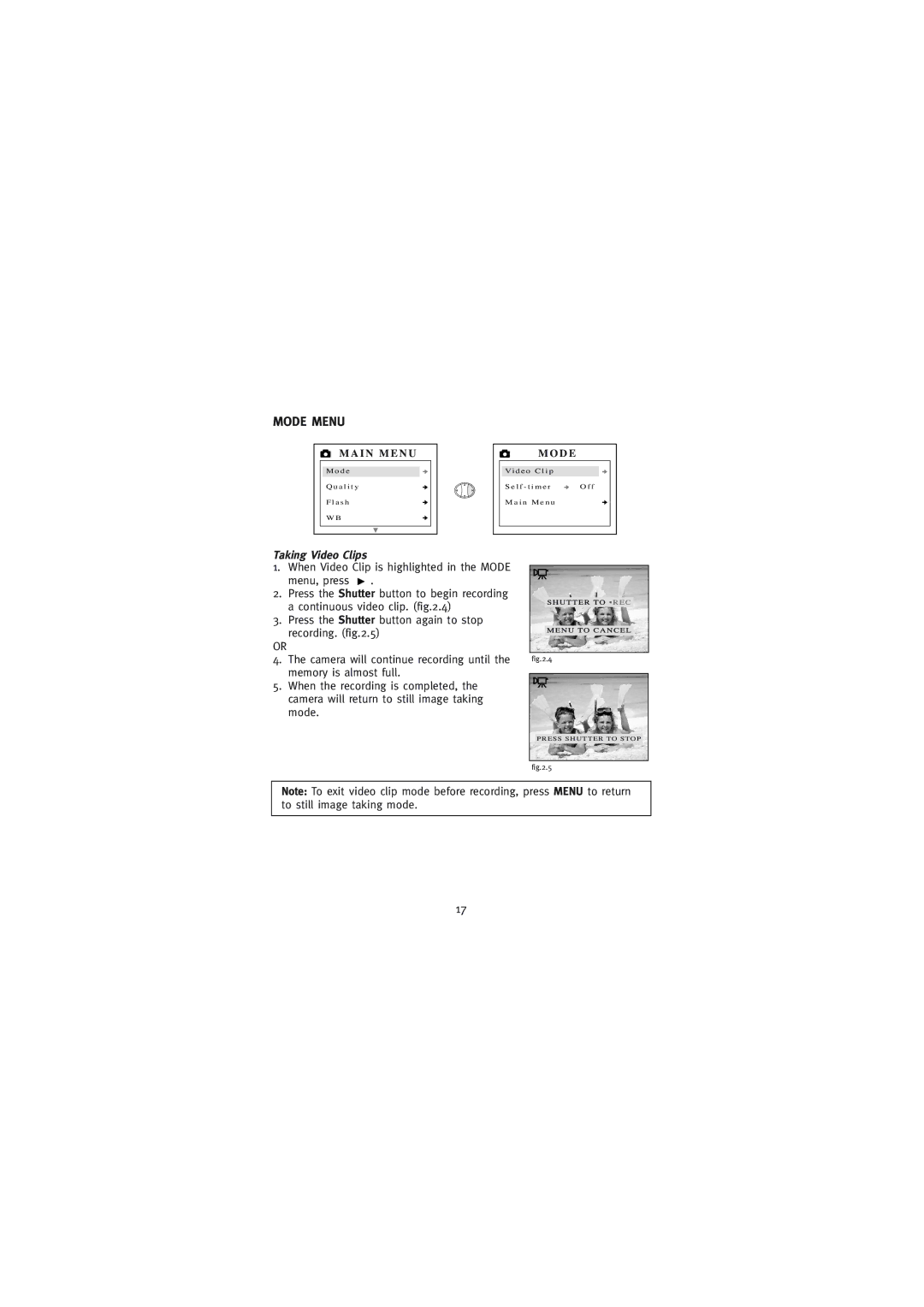 Concord Camera Eye-Q Go LCD Camera manual Mode Menu, Taking Video Clips 