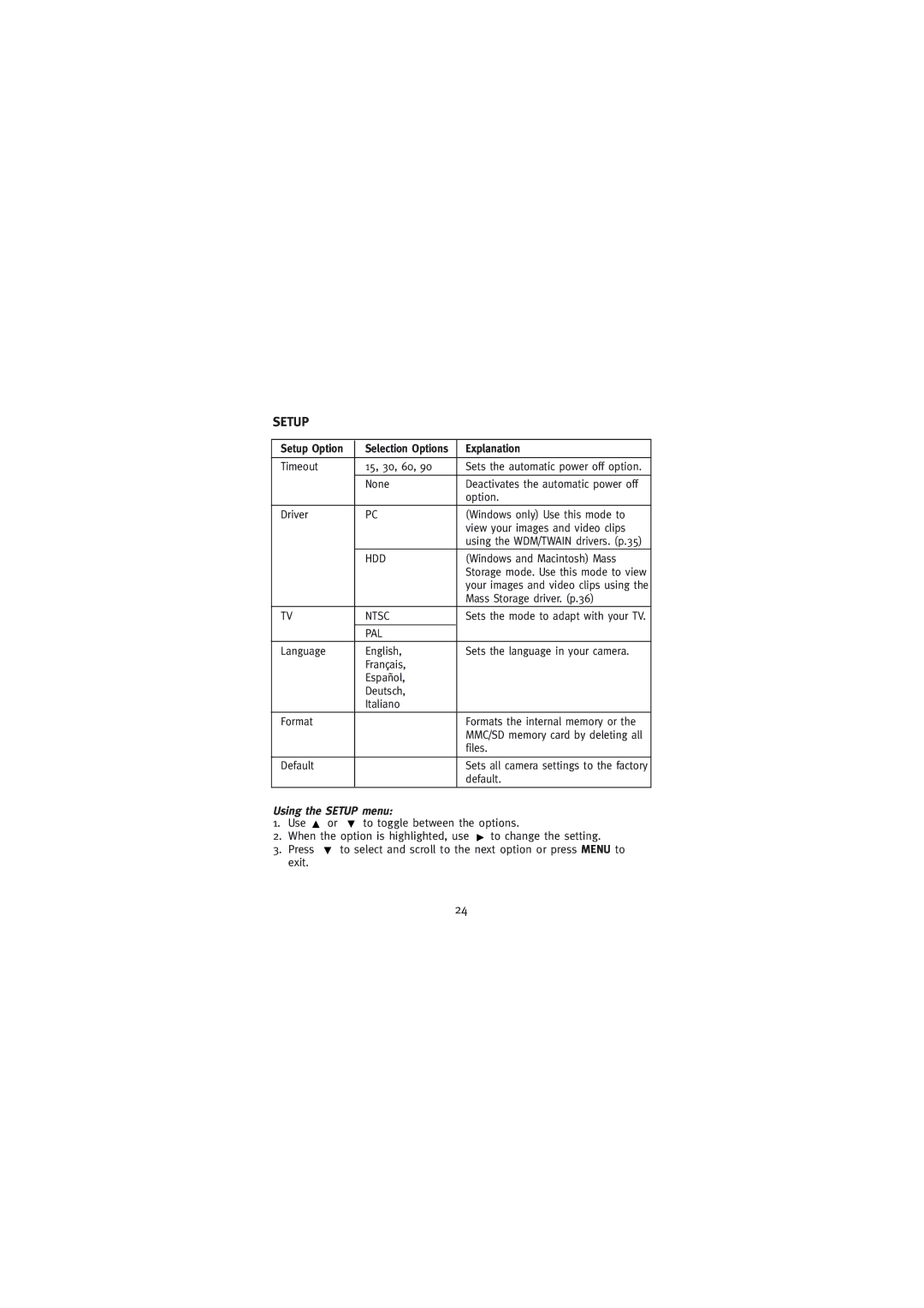 Concord Camera Eye-Q Go LCD Camera manual Using the Setup menu, Setup Option 