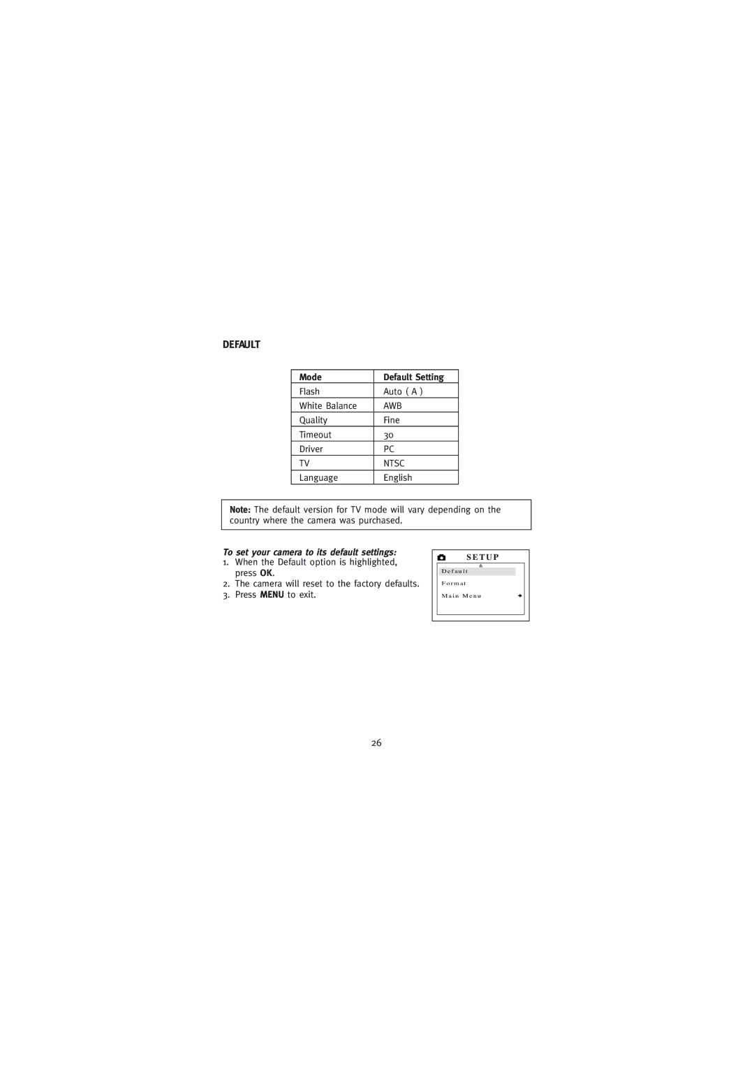 Concord Camera Eye-Q Go LCD Camera manual Mode Default Setting, To set your camera to its default settings 